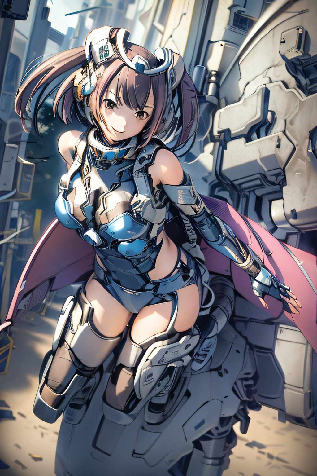 top-quality、masutepiece、4K、ighly detailed、A woman in a cyber suit riding a flying mecha almost collides with a high school boy