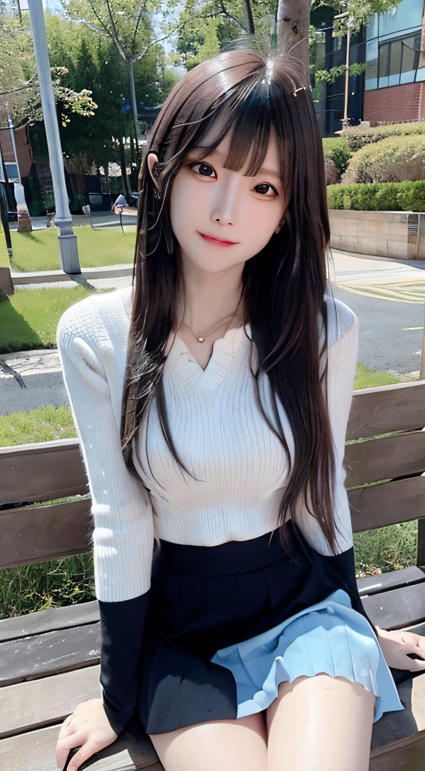 Araffe asian woman sitting on a bench in a park - SeaArt AI