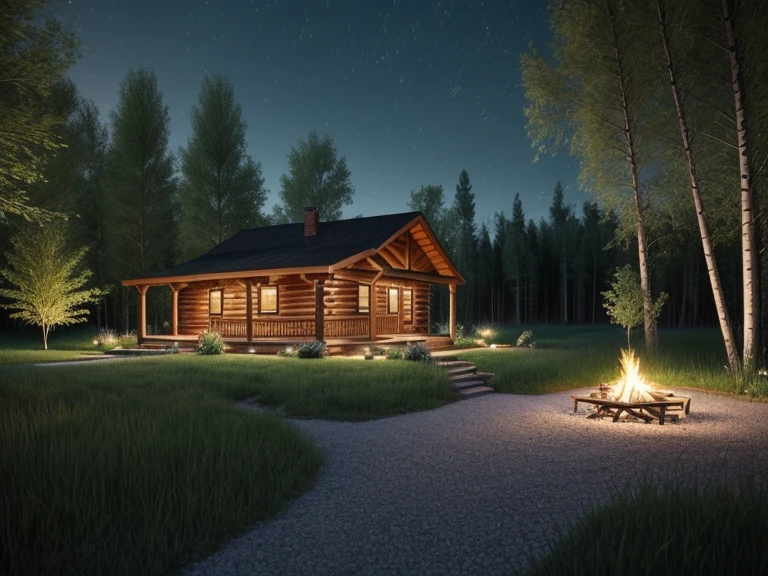 Exterior front lawn, forest, (river), (willow trees), gravel path, campfire, American cabin in the background, ((Nighttime)), evening light, two-point perspective, human perspective, realistic, photographic, rendering, masterpiece, high quality, ultra-detailed, 4K