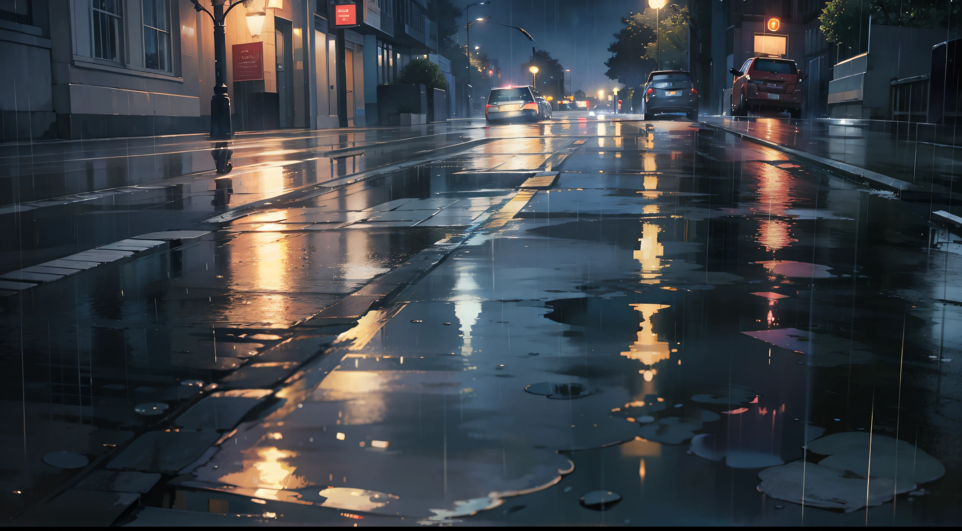 rained，the ground，the night，k hd，Ground reflection，large scene，Rain，The picture is blue and cold，（Avenue Street）