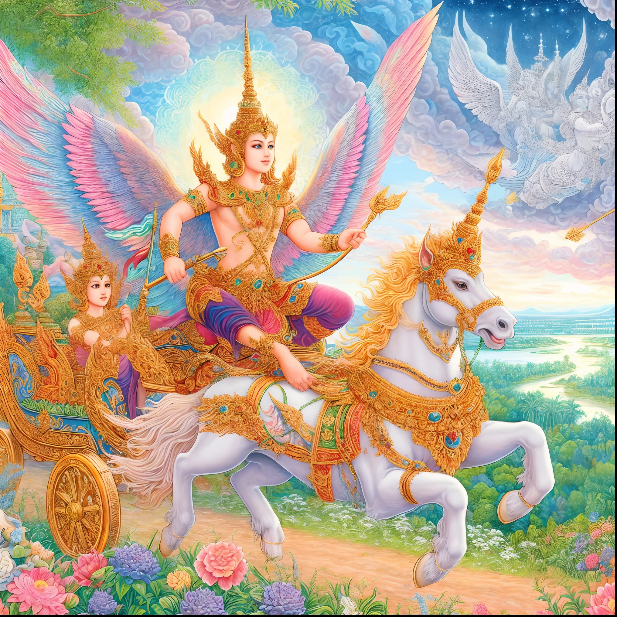 painting of a woman riding a horse with a chariot with angels, thailand art, by Caroline Chariot-Dayez, beautiful godrays, chariot, by Shen Che-Tsai, tarot card the chariot, nivanh chanthara, intricate fantasy painting, by Arthur Pan, mythological painting, puṣkaracūḍa