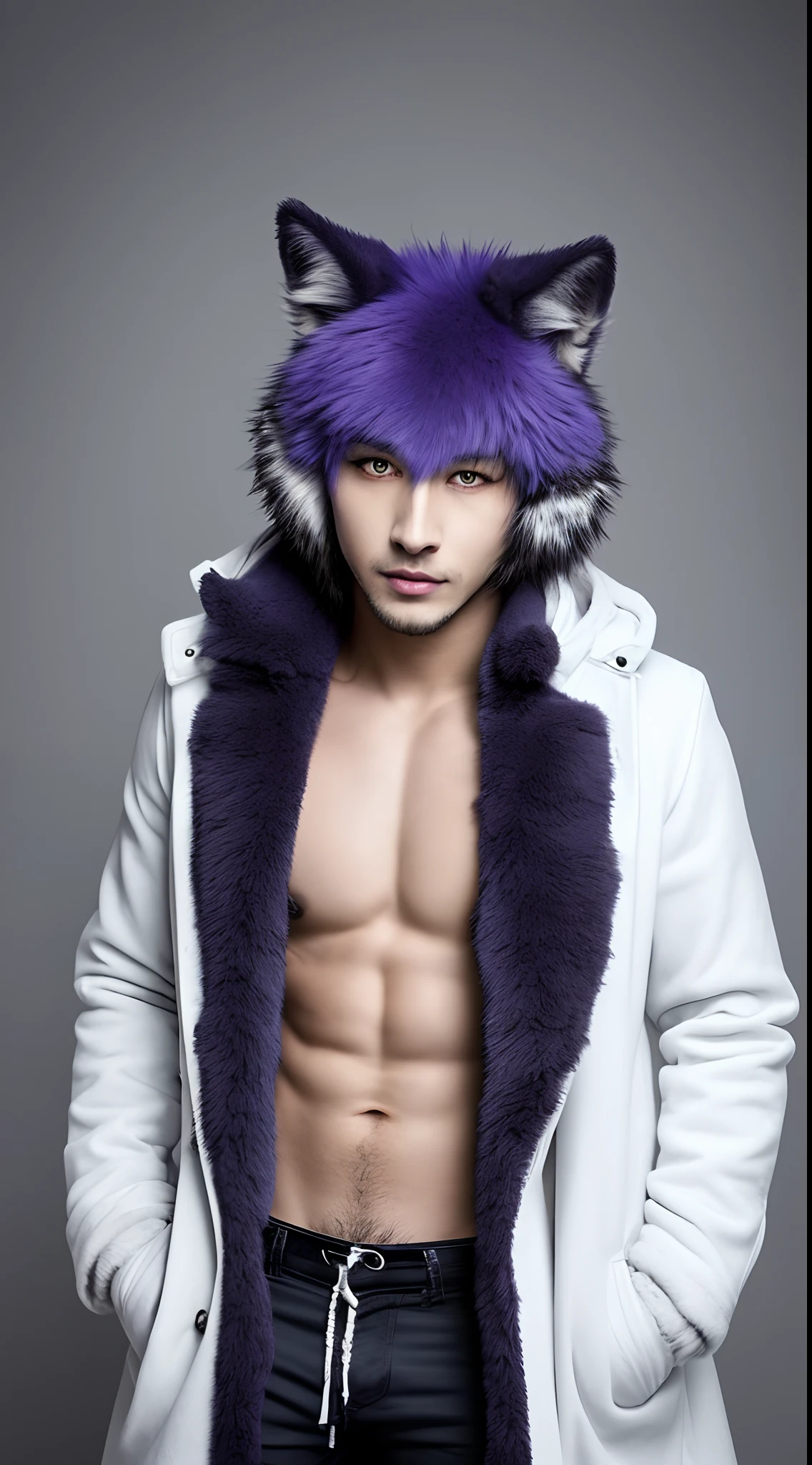 Furry hybrid between wolf and dragon with white coat with gray (Only with the tail of the dragon form), com heterocromia (olho esquerdo azul olho direito roxo), batendo uma punheta