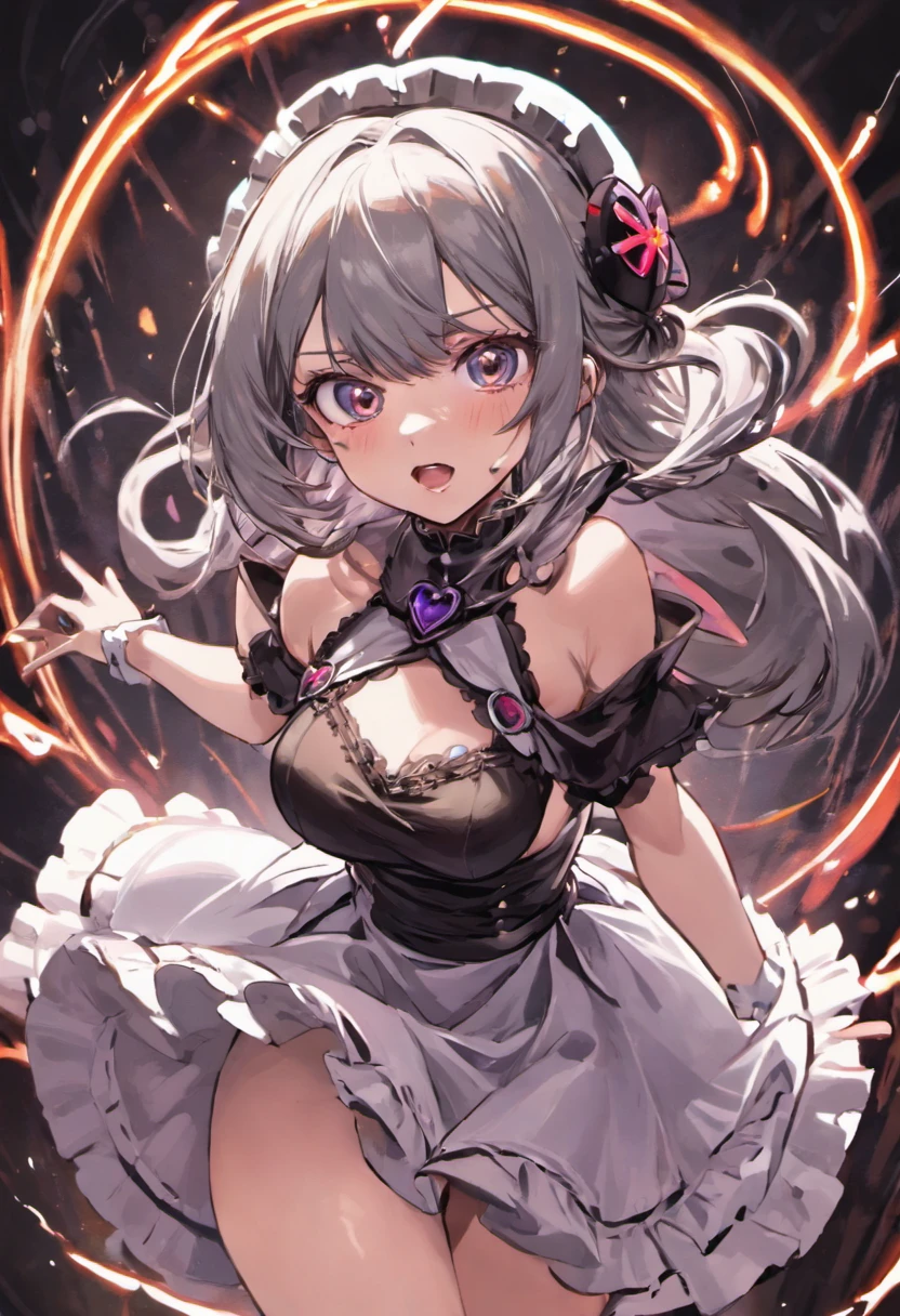 1 younger cute girl, extremely delicate and beautiful girl, gothic, movie poster, ligne claire, Close-up of girl, View from below, depthoffield, hidden hand, shiny skin, neat figure, 1 girl, teenage girl, long gray hair, extremely beautiful detailed anime face and eyes, blush stickers, Beautiful detailed gemological eyes, small breast, bright skin, black Headdress, maid dress, white skirt, The skirt sways with the wind, Bare shoulder, Magic circle, dreamcore, fluttered detailed splashs, electric current, mecha coverage, best masterpiece, extremely detailed, wallpaper,maid,anime,1 girl