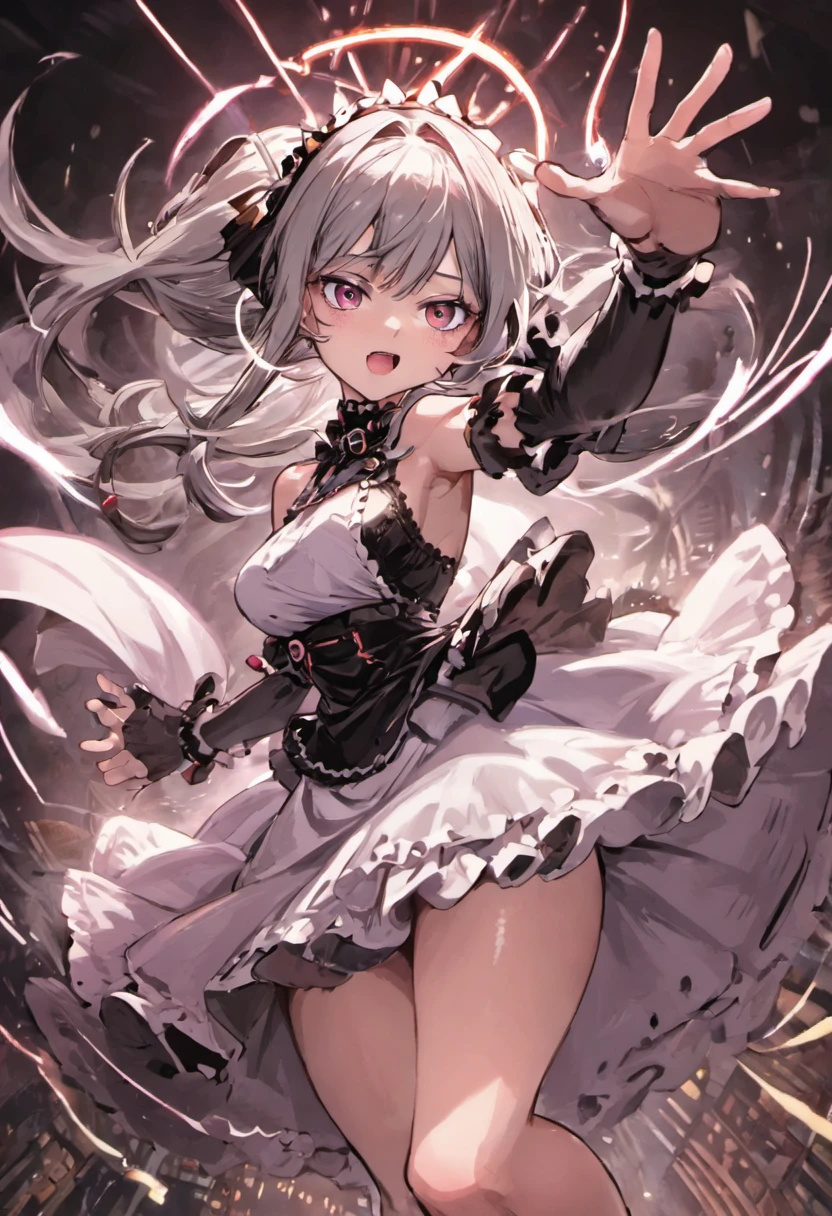 unger cute girl, extremely delicate and beautiful girl, gothic, movie poster, ligne claire, Close-up of girl, View from below, depthoffield, hidden hand, shiny skin, neat figure, 1 girl, teengirl, long gray hair, extremely beautiful detailed anime face and eyes, blush stickers, Beautiful detailed gemological eyes, small breast, bright skin, black Headdress, maid dress, white skirt, The skirt sways with the wind, Bare shoulder, Magic circle, dreamcore, fluttered detailed splashs, electric current, mecha coverage, best masterpiece, extremely detailed, wallpaper,maid,anime,1 girl