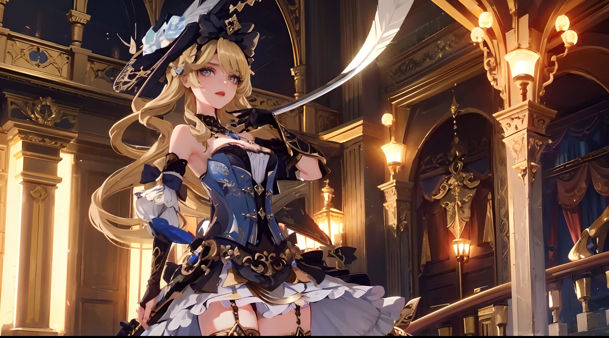 masterpiece,high quality,emotional impact,best shadow,cinemetic shot,perfect lighting,(bright),Navia \(genshin impact\), 1 (mature) female,(holding a sword,looking at viewer:1.3),long hair, embroided hat, solo, bow, black bow, blonde hair, hat feather, hair bow, feathers,long dress, black gloves, ((blue jewel headdress on the left)),sapphire \(gemstone\),thighhighs, jewelry, bare shoulders, corset, bow lace cuff, gold rudder shape decoration at the waist,four-point star in eyes, dark red lipstick and eyeshadow,armor