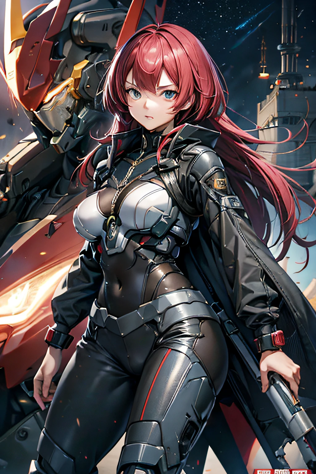 top-quality、masutepiece、4K、ighly detailed、A woman in a cyber suit riding a flying mecha almost collides with a high school boy