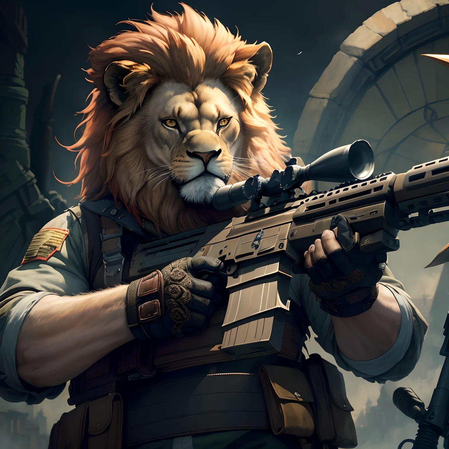 Painting by Jean-Baptiste Monge depicting a large adult lion, Bright red mane, evil look, Dressed in military uniform, Cap on his head, In the hands of a weapon, stands on a ledge, , jean - baptiste monge, anthropomorphic --ar 2:3 --testp -optimistic;