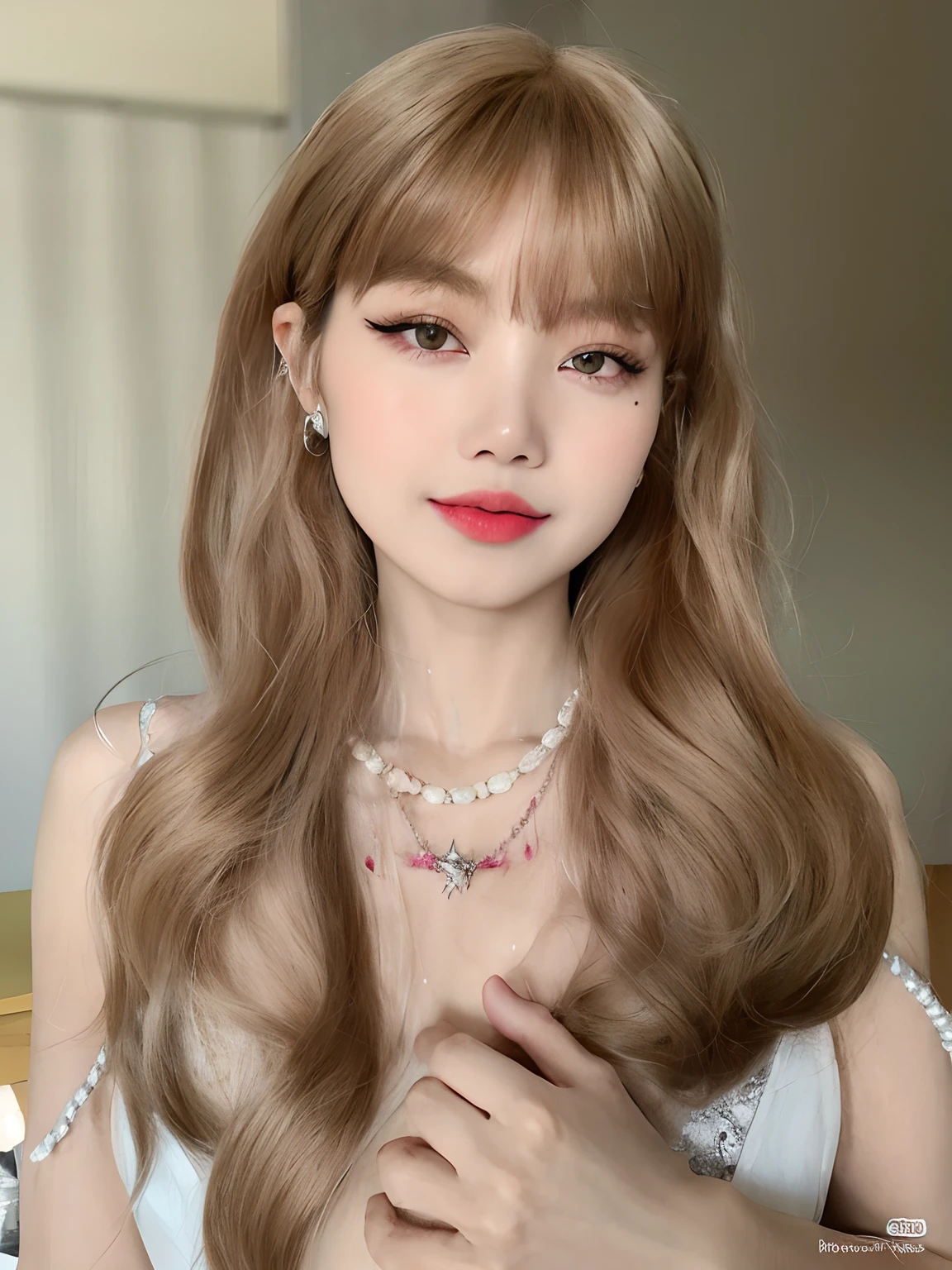 um close up de uma mulher com cabelos longos usando um colar, Lalisa Manobal, cabelos longos com franja, O corte Hime, cabelo longo castanho com franja, Ulzzang, maquiagem sul-coreana popular, cabelo comprido com franja completa, maquiagem coreana popular, cabelo arrumado com franja, branco hime corte penteado, cabelo castanho com franja, Asian girl with long hair