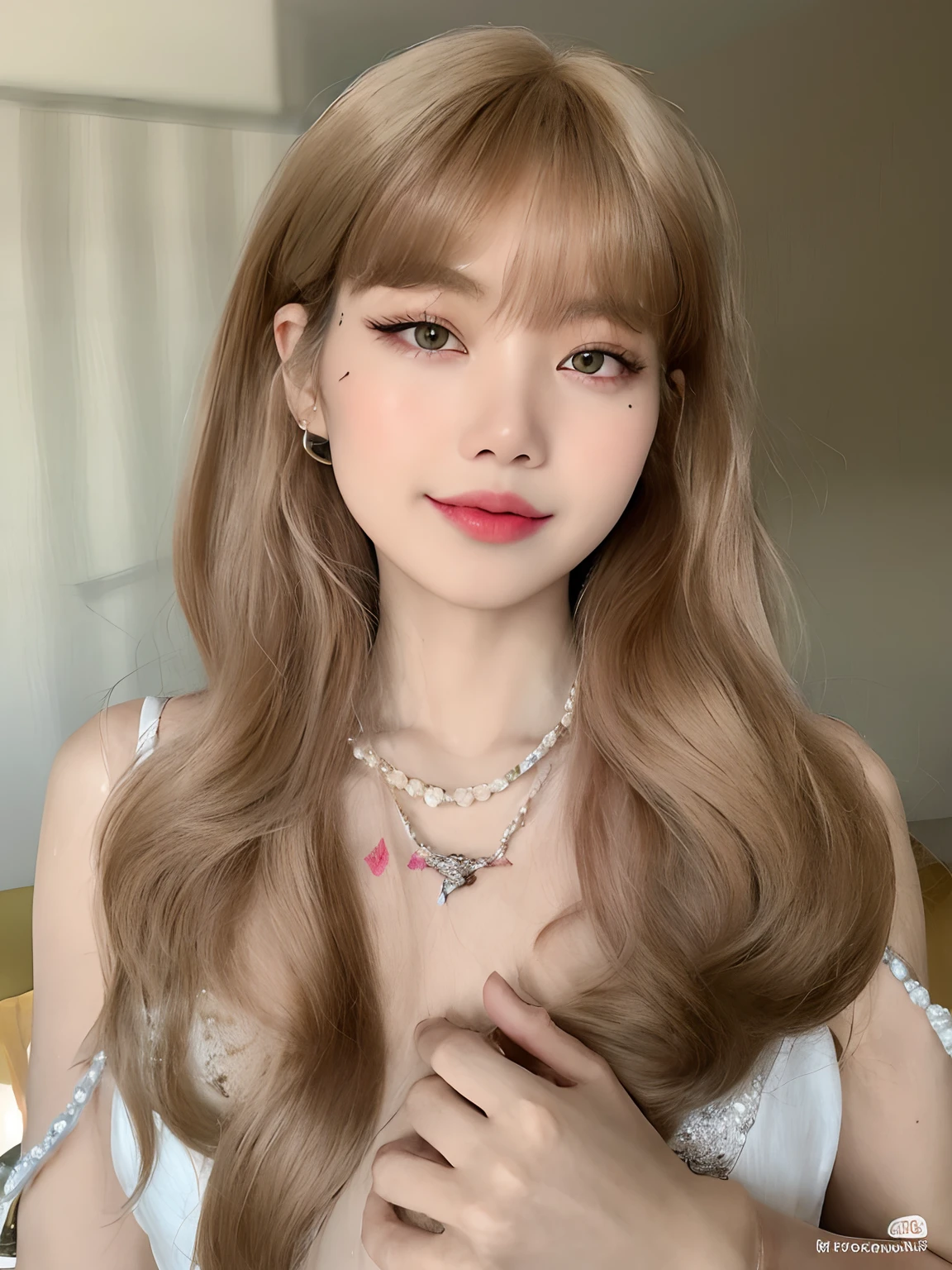 um close up de uma mulher com cabelos longos usando um colar, Lalisa Manobal, cabelos longos com franja, O corte Hime, cabelo longo castanho com franja, Ulzzang, maquiagem sul-coreana popular, cabelo comprido com franja completa, maquiagem coreana popular, cabelo arrumado com franja, branco hime corte penteado, cabelo castanho com franja, Asian girl with long hair