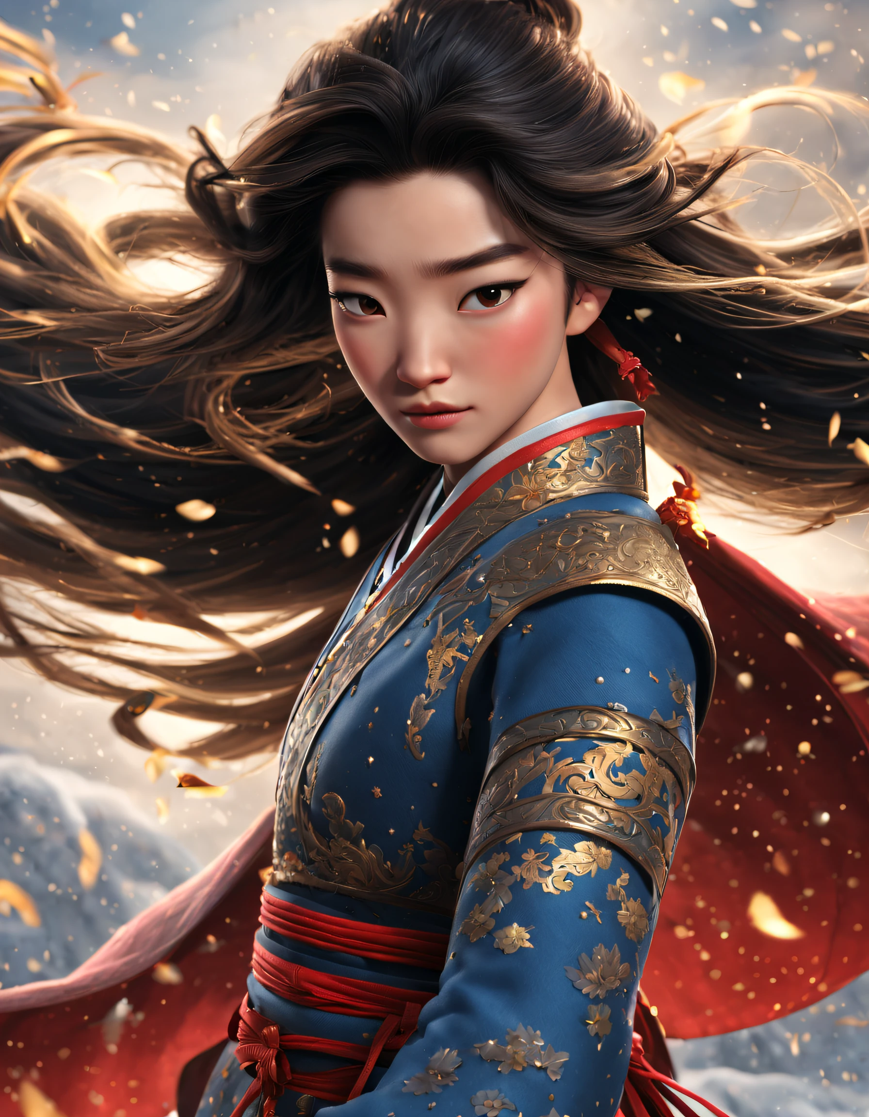 3D rendering of (Close-up of Mulan and the sword), （Very long sword），（Wielding a sword），The upper body wears dark blue armor made of fish scales and iron， The armor was also inlaid with golden stars，floral embroidery，Cloak decorated in black and gold， Very long hair, Ebony hair, Big black eyes, Long eyelashes, Sexy red lips, Resolute expression, disney movie《Mulan》, Martial arts, Kungfu, Chinese exquisite clothing, ，Cut through the clouds, As estrelas，embroidery
background: It was snowing heavily，It was snowing heavily，It was snowing heavily，It was snowing heavily, Dusty,,{{Masterpiece}}, {{{Best quality}}},{{Ultra-detailed}}, {{illustration}},{{Disheveled hair}},{{Masterpiece}},{{{Best quality}}},{{Ultra-detailed}}, {{{illustration}}},{{Disheveled hair}},Clear facial features,close up photograph,,Alphonse Mucha,Pixar style,Cartoon style,beatrix potter  ,Refined atmosphere,Intense atmosphere, microscopic view,Close-up(CU),Extreme closeup,back Lighting,