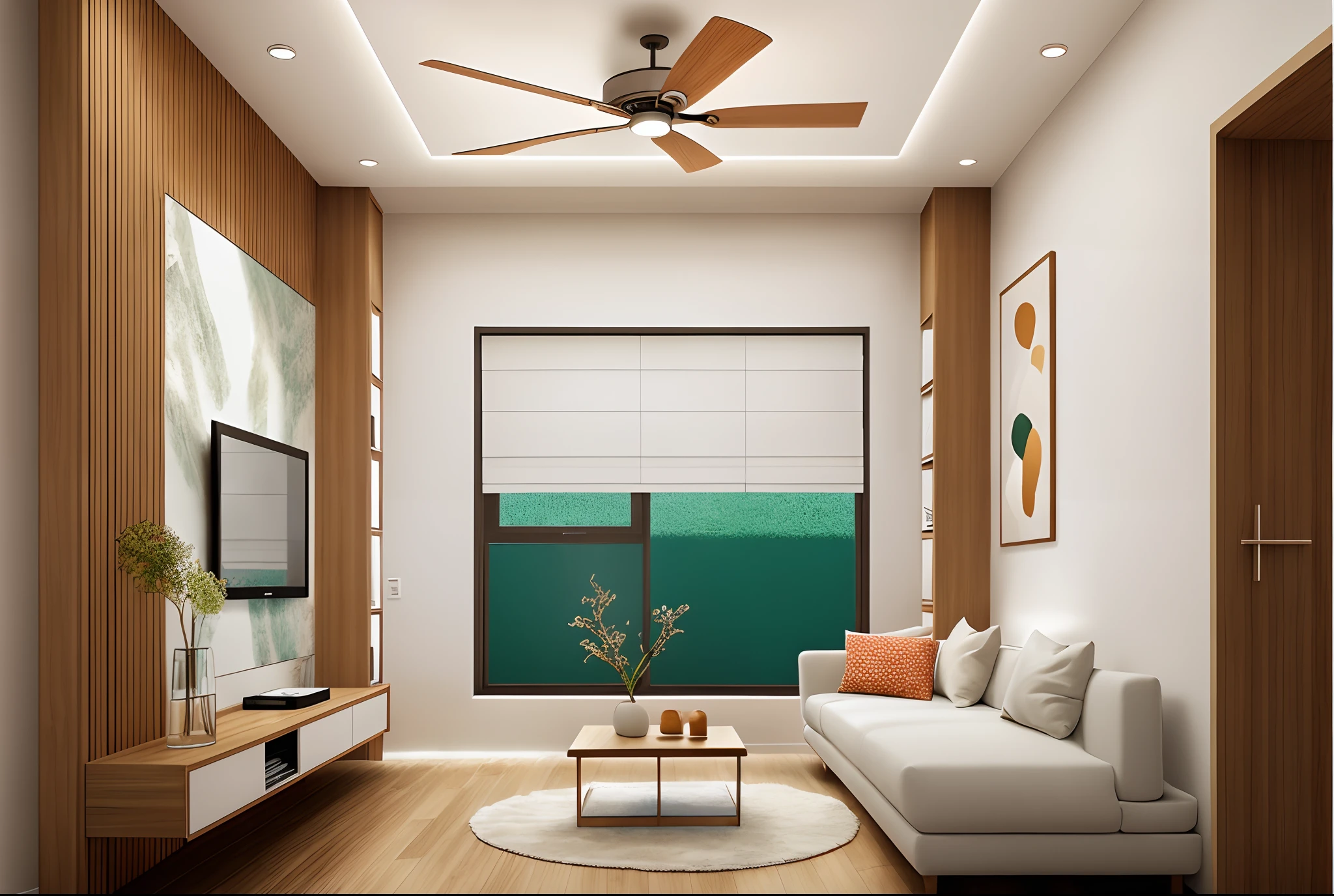 a view of a living room with a couch, a table, and a ceiling fan, one ceiling fan, low ceiling, simple ceiling, tall ceiling, very tall ceilings, tall ceilings, high ceilings, high ceiling, fans hals, with matte white angled ceiling, natural light in room, slanted ceiling, placed in a large living room, with backdrop of natural light