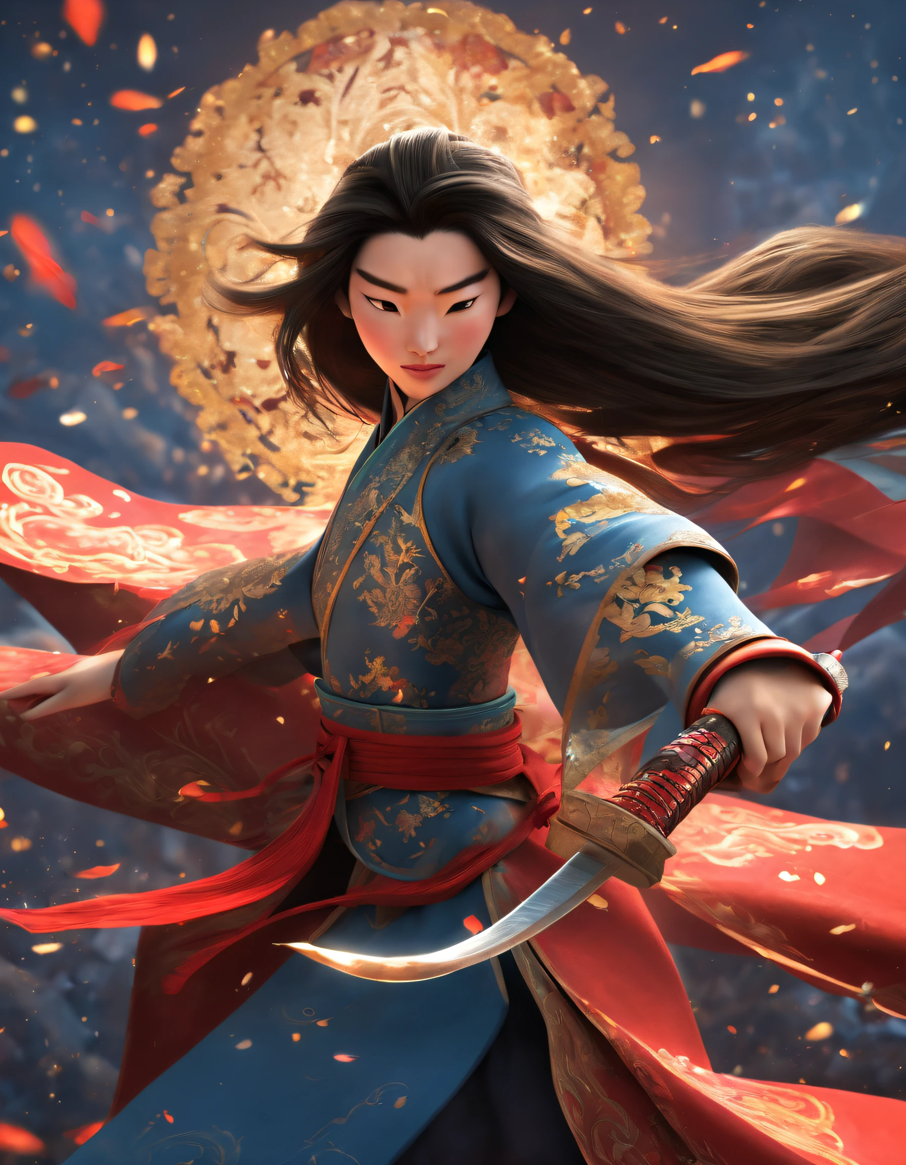 3D rendering of (Close-up of Mulan holding a sword), （Very long big sword），（sword：1.2），（A sword that glows with cold light），（A sword with a dragon pattern）
The upper body wears dark blue armor made of fish scales and iron， The armor was also inlaid with golden stars，floral embroidery，Cloak decorated in black and gold， Very long hair, Ebony hair, Big black eyes, Long eyelashes, Sexy red lips, Resolute expression, disney movie《Mulan》, Martial arts, Kungfu, Chinese exquisite clothing, Wield your sword，Cut through the clouds, As estrelas，Embroidery background: (blood spatter：1.37），（Red Phoenix: 1.1）, Dusty,,{{Masterpiece}}, {{{Best quality}}},{{Ultra-detailed}}, {{illustration}},{{Disheveled hair}},{{Masterpiece}},{{{Best quality}}},{{Ultra-detailed}}, {{{illustration}}},{{Disheveled hair}},Clear facial features,close up photograph,,Alphonse Mucha,Pixar style,Cartoon style,beatrix potter ,Refined atmosphere,Intense atmosphere, microscopic view,Close-up(CU),Extreme closeup,back Lighting,