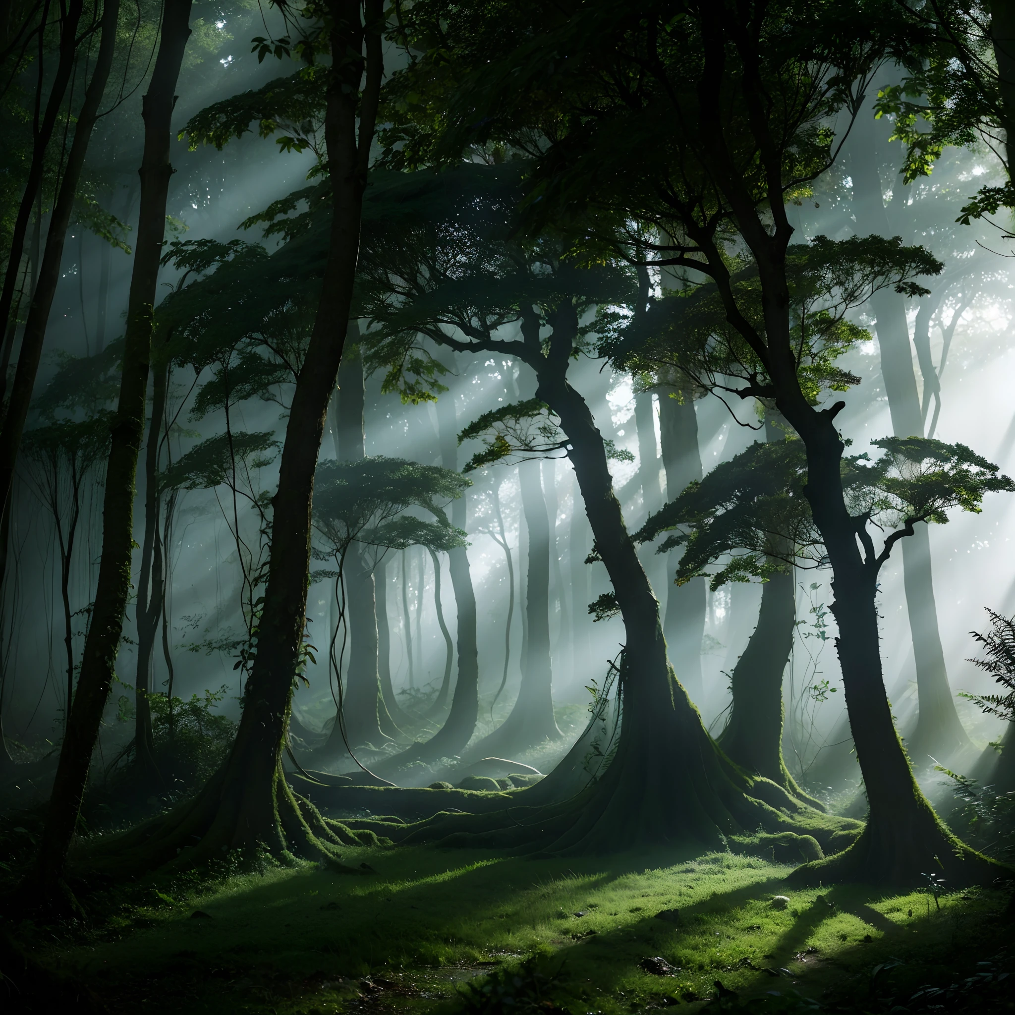 Giant trees block out all the sun，Dense mystical forest,The slime lies on the damp leaves,Beneath him is a magic summoning circle，It's full of unknown words,Beauty,Misty atmosphere,ominous lighting,Creepy resonance,Foggy surroundings,the lush vegetation,Climb vines and mossy trees,Hide the path,Dappled sunlight,Silhouette of a lurking creature,Hints of magical energy,enchanting atmosphere,Ancient and mysterious,Invisible whispers,Faint glowing runes,surreal atmosphere,Overgrown with ferns and mushrooms,A glimpse of otherworldly creatures,The soft sound of the rustling of leaves,An eerie sense of isolation,Pitch black shadows,Worn-out trunk,The subtle sounds of wild animals,A faint smell of earth and decay,An aura of ancient power,Raw and wild beauty,The magic and sense of danger that lurks in the depths,Curiosity and the unknown,A stark contrast between light and darkness,A secret hidden deep in the forest,Ominous silence，Only the occasional mysterious sound can be broken. (Best quality,Ultra-detailed,Realistic),Dark fantasy,Horror,concept-art,Colorful and vibrant,Ethereal color palette,Gloomy and atmospheric,soft and fantastic.