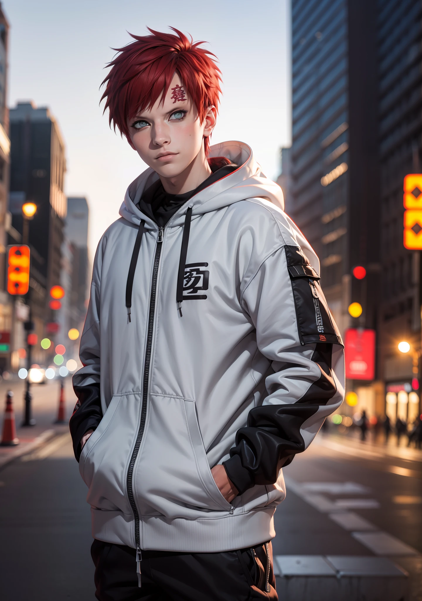 masterpiece, ultra-detailed, 1boy, male focus, upper body shot, Gaara wearing Streetwear Hoodie, red hair, look at viewer, happy face, Hands in pockets, vibrant colors, cityscape background, dinamic lighting, highly detailed face, stylish, urban style, cool attitude, bokeh, blurry background,