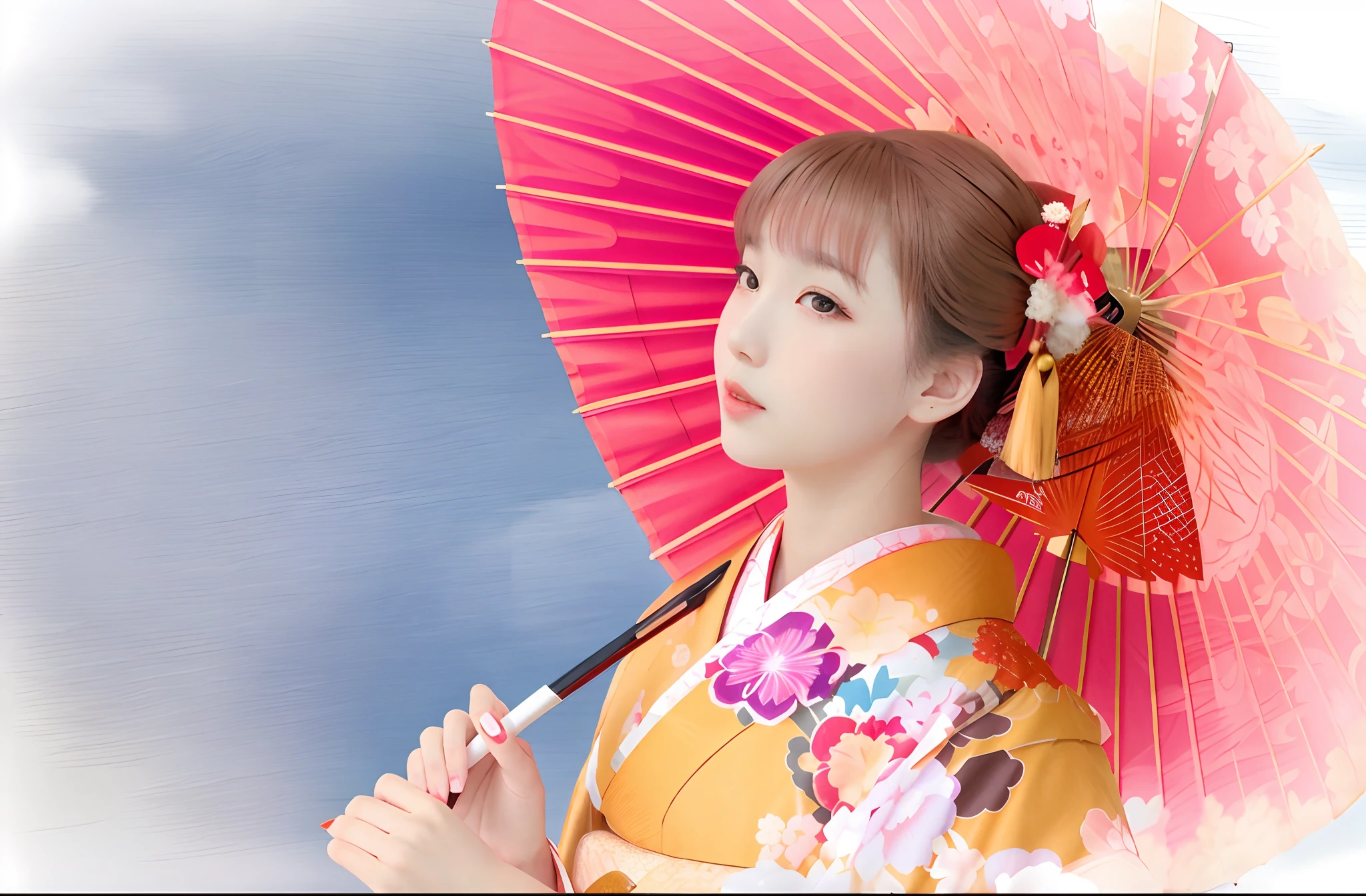 There is a woman in a kimono holding a red umbrella, in a kimono, wearing royal kimono, Kimono, in a kimono, Wearing kimono, japanese kimono, Wearing a kimono, Red kimono, A Japanese style, pale and coloured kimono,((big beatiful eyes)),Open lips, geisha photo portrait, shikamimi, bath robe, sakimichan, Ayaka, traditional japanese