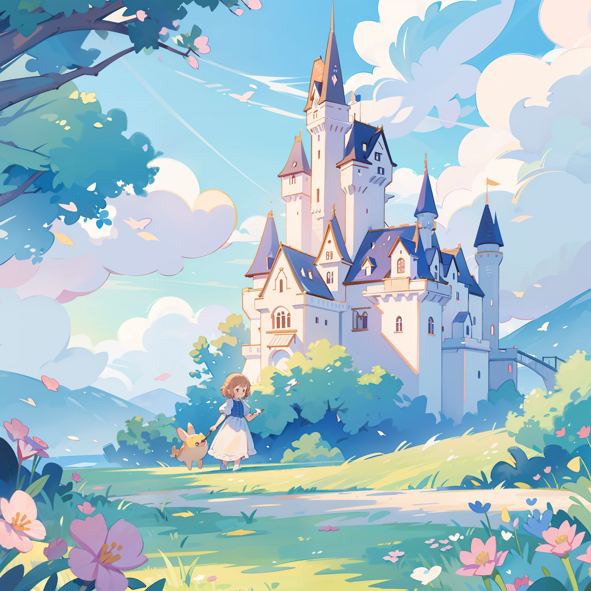 picture book illustration, watercolor storybook illustration, princess castle, fairytale castle, fairytale towers, clouds, vibrant pastel colors, dream, colorful, whimsical, magical, masterpiece, best quality, sharp focus, intricately detailed environment, fine detail, 8k resolution