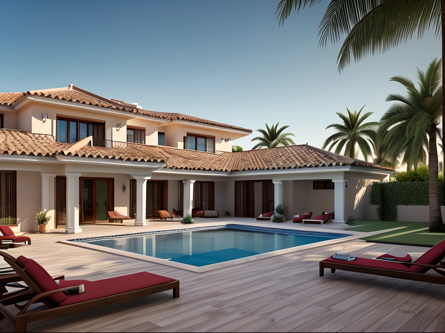 An exterior patio, lawn chairs, pool, (shed), palm trees, Large Spanish style villa in background,
Daylight, sunrise, 2-point perspective, human perspective, Realistic, photographic, rendering masterpiece, high-quality, ultra-detailed, 4K