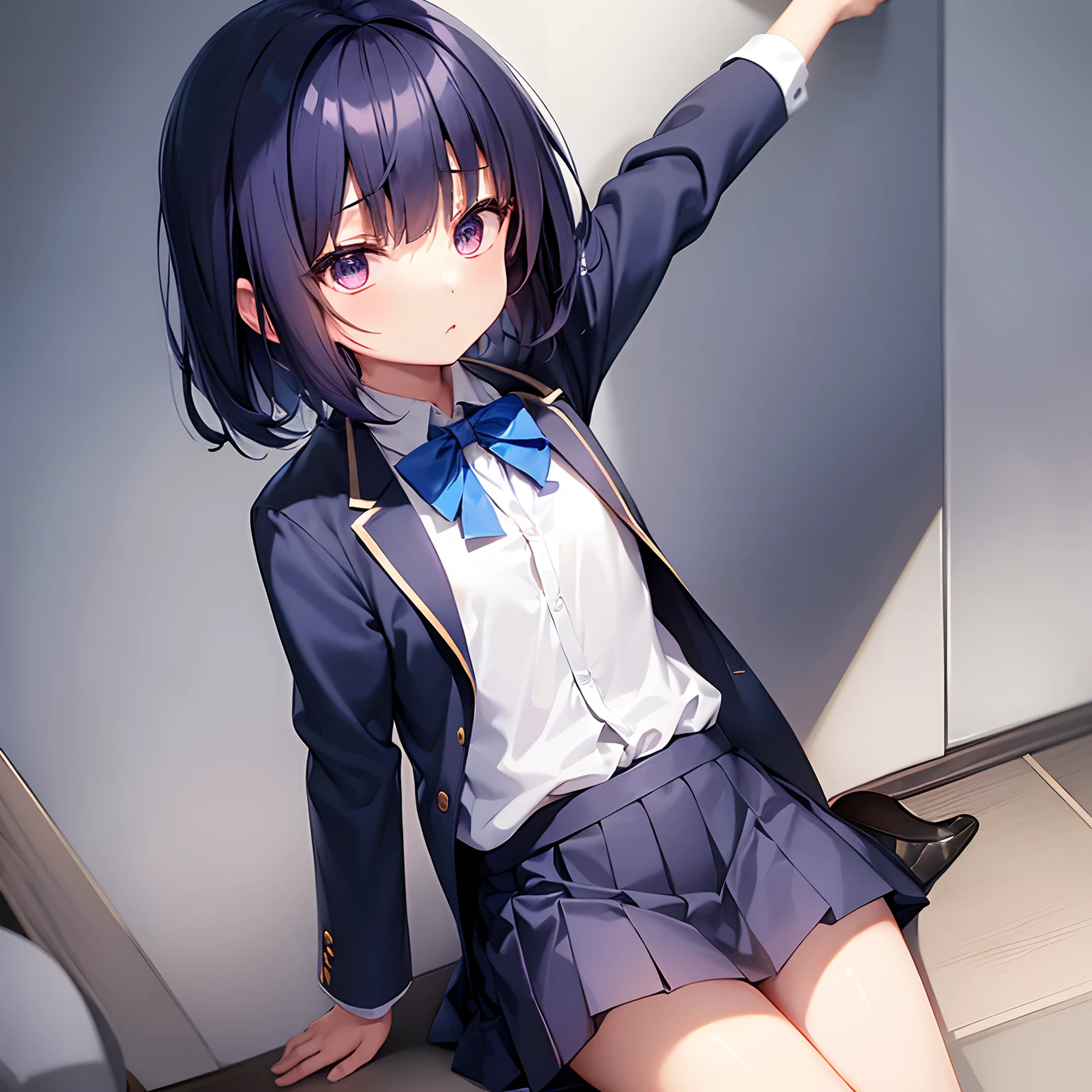 1 girl in、japanes、18year old、Navy blue blazer、White shirt、Blue ribbon、short pleated skirt of dark blue color,、Dark blue high socks、Black loafers、Chin-length short hair、A dark-haired、Light bangs、boyish、Hanging、Single eyelid、Lowered eyebrows、Skinny、Tall、Smaller chest