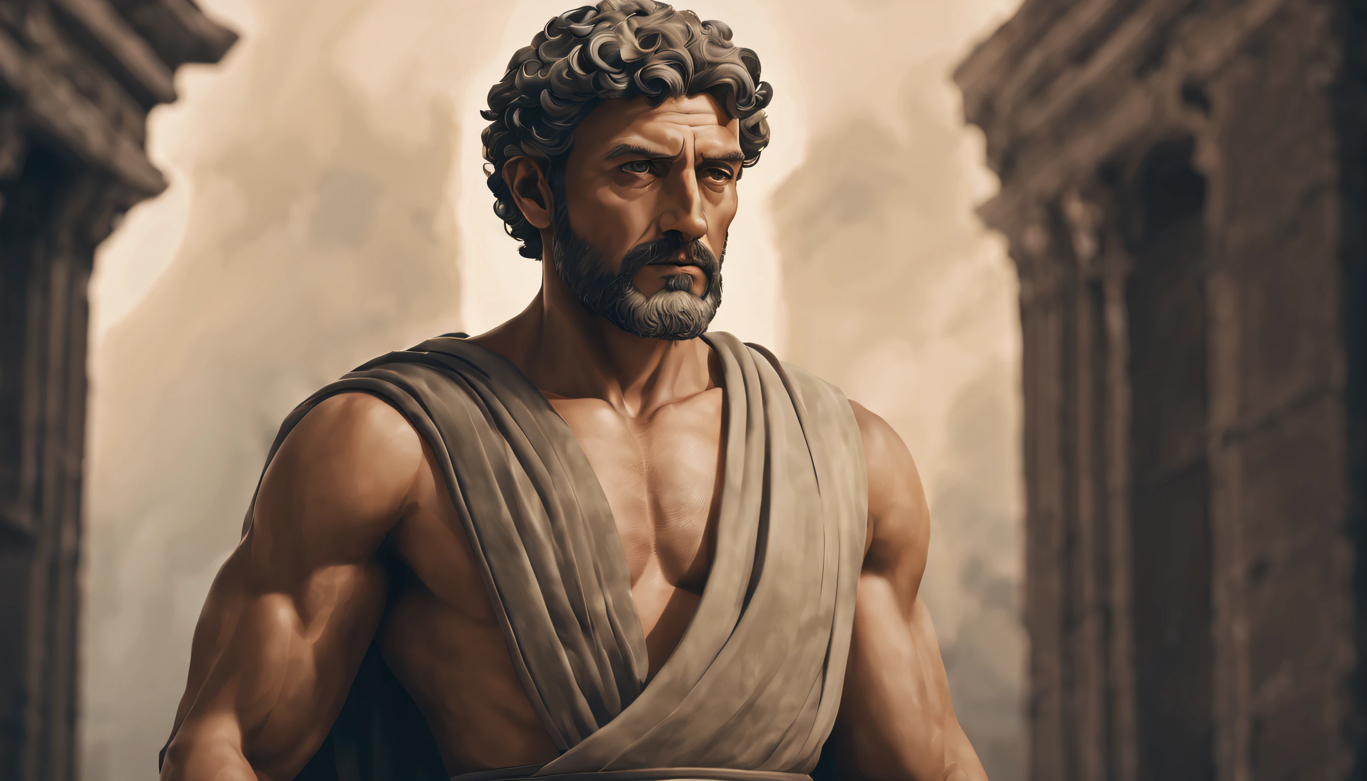 Visualize a high-resolution image with a stoic man in the foreground, featuring a strong and commanding appearance. The foreground presents the stoic man as the focal point of the image, capturing his unwavering self-control and dignity.
The stoic man stands tall and proud, his physique exuding strength and resilience. His posture is impeccable, with a straight back and squared shoulders, symbolizing his unwavering commitment to inner virtues.
His facial expression is one of deep wisdom and contemplation, with lines of experience and insight etched onto his face. His eyes, in particular, reflect a profound understanding of the world and an inner tranquility that comes with a life rich in lessons learned.
For the background, envision a darker, more subdued setting. This darker background serves to highlight and emphasize the stoic man in the foreground, drawing attention to his commanding presence.
The stoic man's attire is simple yet dignified, reflecting his detachment from material possessions and his emphasis on the pursuit of inner virtues. There's a timeless quality to his clothing that complements his strong and wise appearance.
The lighting strategically illuminates the stoic man in the foreground, enhancing the contours of his face and emphasizing his commanding presence. The contrast between the foreground and the darker background creates a striking visual effect, focusing attention on the stoic figure.
This image encapsulates the very essence of stoic philosophy - a life lived with purpose, self-mastery, and profound wisdom, with the stoic man as the central figure against a backdrop that accentuates his strength and wisdom.