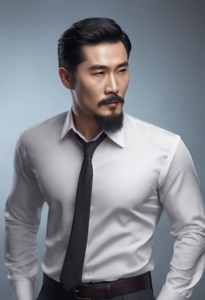 Chinese man in a white shirt, Best quality,4K,8K,Very attractive man with both hands,30 age old， Neat facial hair, adolable, Breathtaking, hentail realism, ultra-realistic image, Extreme oppression,Soft portrait shot 8 K, Very detailed portrait,, Hyper-realistic style, , Ultra-realistic portraits,Gray hair,Elegant suit, with her mouth open,
