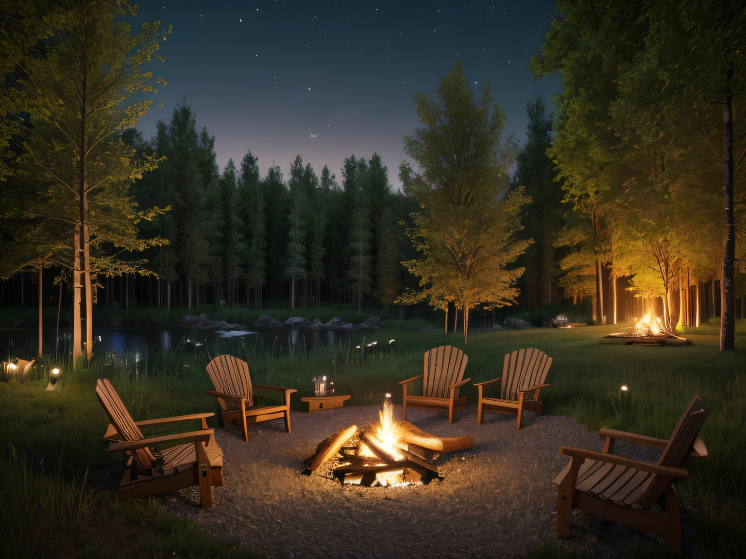 Exterior front lawn, forest, river, willow trees, gravel path, campfire, American cabin in the background, Nighttime, evening light, two-point perspective, human perspective, realistic, photographic, rendering, masterpiece, high quality, ultra-detailed, 4K