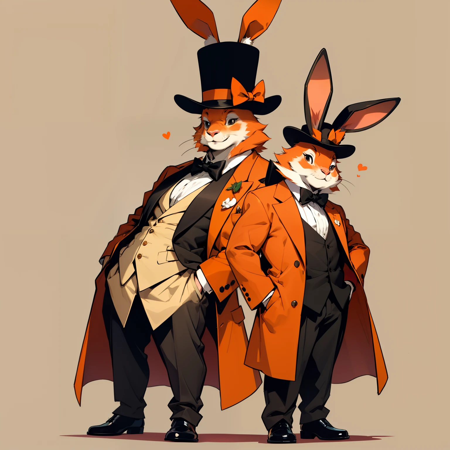 an orange rabbit in formal clothing, wearing a bowler hat, rabbit ears poking through the hat, animal, standing upright, mystical, whimsical, simple background