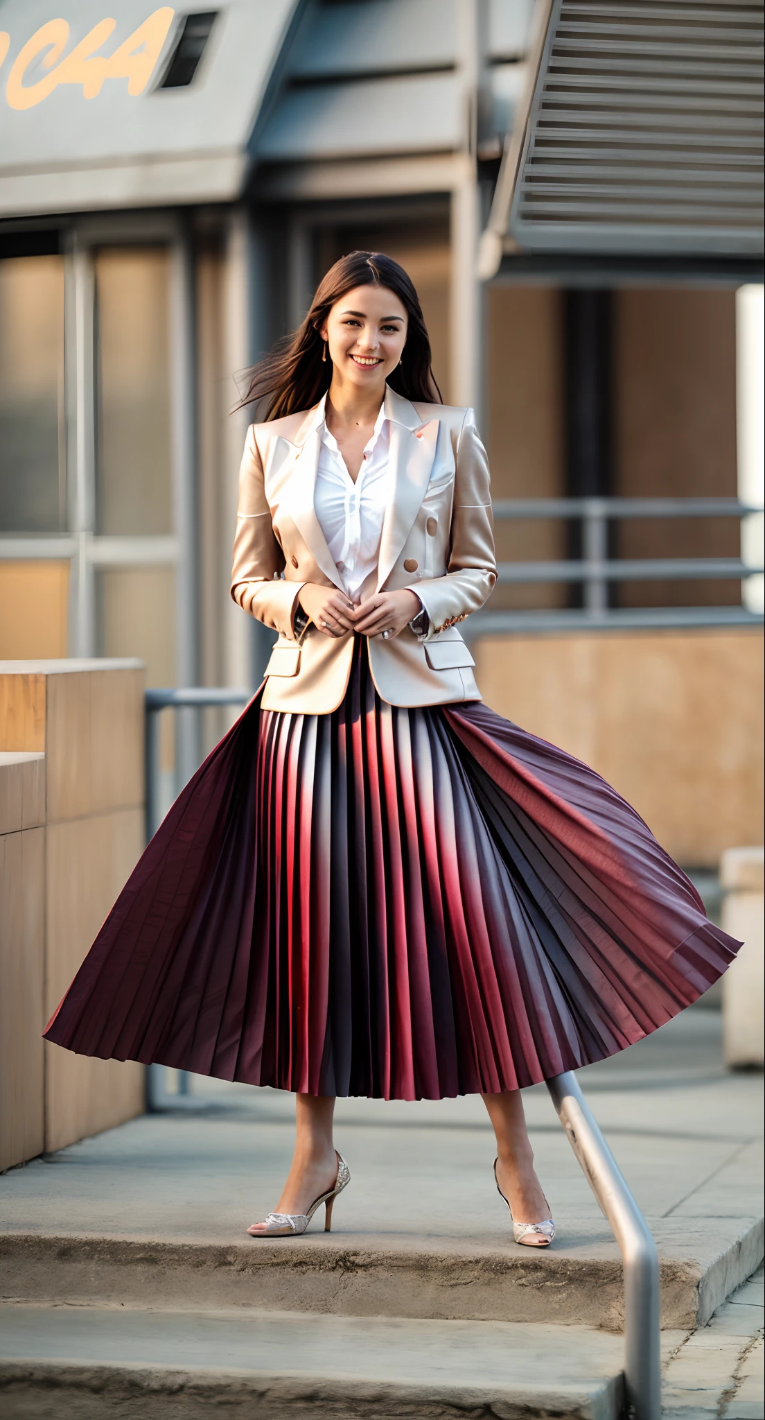 (seductive:1,6) (smiling;1,1) flirty girly girl playing with skirt, dancing, wearing short blazer and very very detailed (long (fully pleated) full circle skirt) and (simple) low heeled office shoes, very very intricate hyper-detailed symmetric (attractive graceful young feminine face) with (sad, tired eyes and a shy smile), large , full of empathy and compassion and love, (pronounced (feminine) features), (highly detailed ultra accurate realistic) hands and fingers, (windy conditions and wind blowing), epic composition, highly detailed attributes, highly detailed space station background, (35mm f1.4 Kodak portra 400 photograph), extremely high quality RAW photograph,