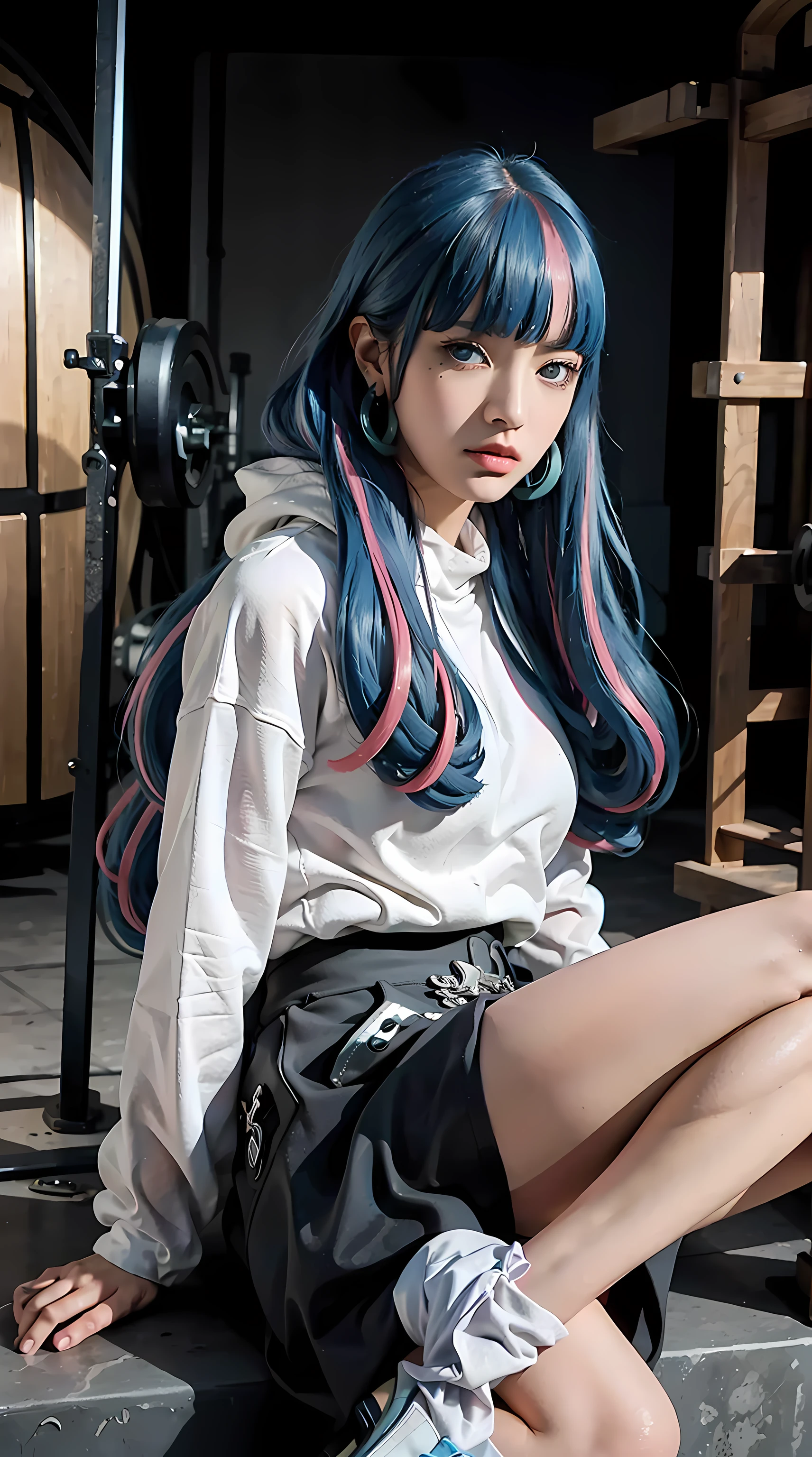 eida, long hair, bangs, blue eyes, very long hair, blue hair, pink hair, multicolored hair, earrings, blunt bangs, two-tone hair, streaked hair, beautiful woman, beautiful, perfect body, perfect breasts, wearing an Adidas hoodie white, black joggers, wearing light blue Nike Jordan shoes, in the gym, barbell, looking at viewer, small smile, realism, masterpiece, textured leather, super detailed, high detail, high quality, best quality, 1080p, 16k