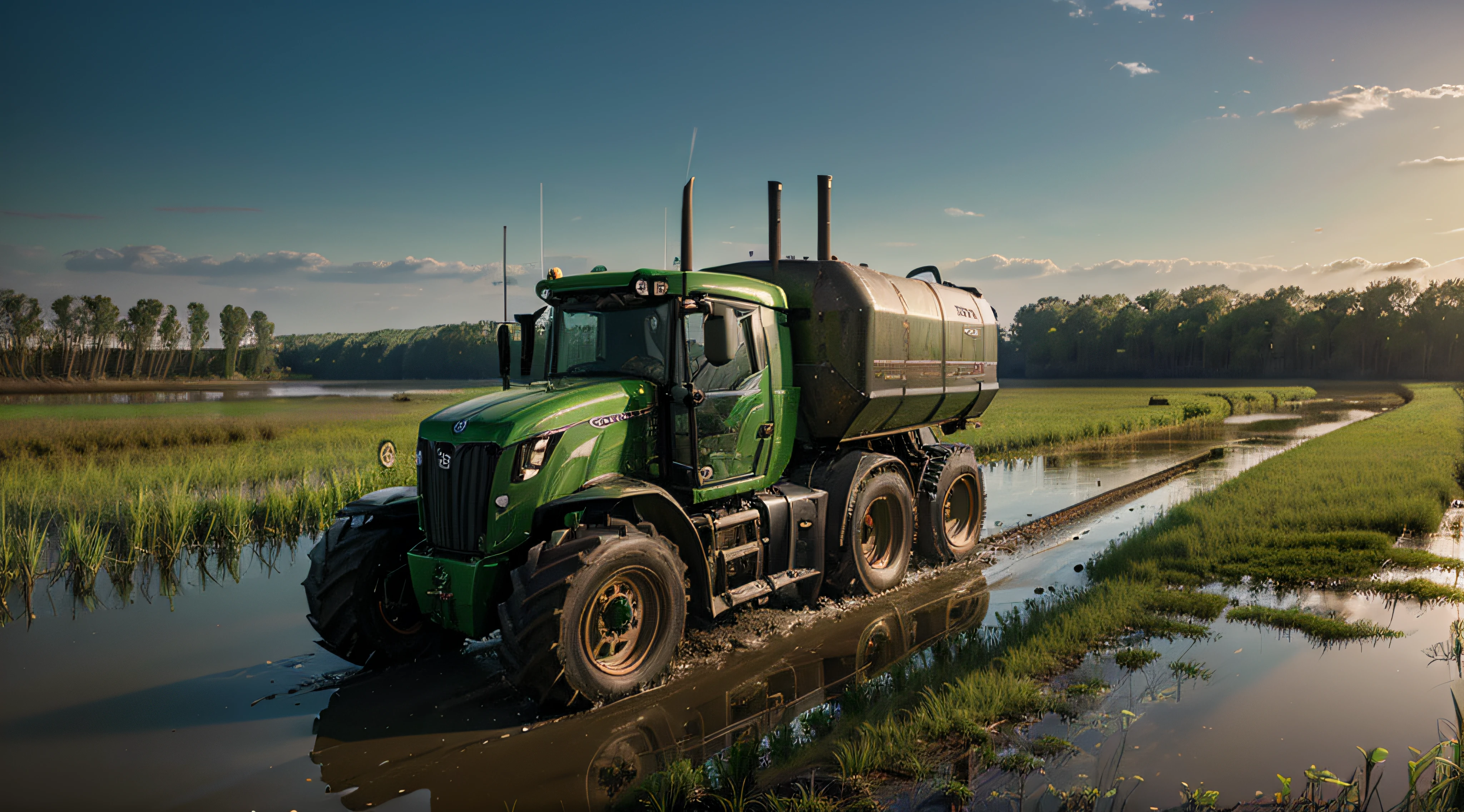 Tracked tractor pulls trailer over swamp, background marshland, full size, digital mirroring, high detail, Glamor Shot, Gamma, Optical Fiber, Quantum Dot, Studio Lighting, octane render, 32k