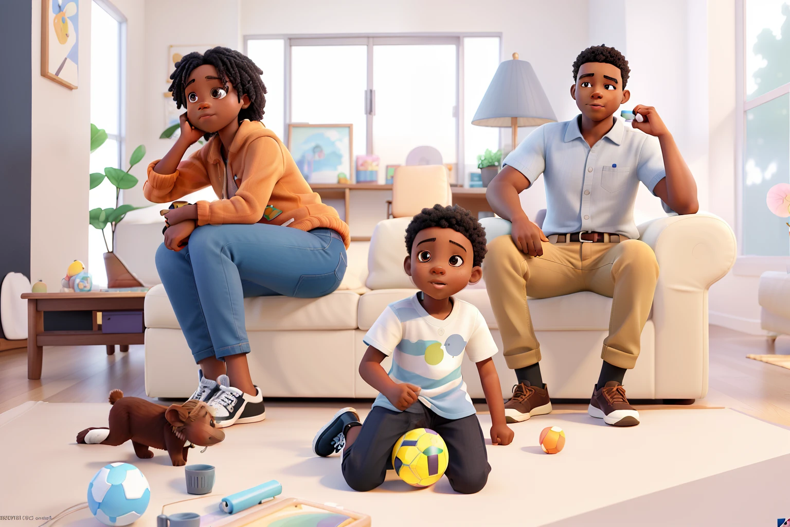 A black  kneeling and playing on the floor, and a black couple sitting on the sofa back to back.

(best quality,4k,8k,highres,masterpiece:1.2),ultra-detailed,(realistic,photorealistic,photo-realistic:1.37),vivid colors,studio lighting

Keywords: 
- Black child
- Kneeling
- Playing on the floor
- Black couple
- Sitting
- Sofa
- Back to back

Art style: Realistic

Color tone: Warm and natural

Lighting: Soft and warm lighting, casting gentle shadows

Additional details: The childolding a colorful toy, the couple is wearing casual clothing, the room is decorated with plants and artwork on the walls.