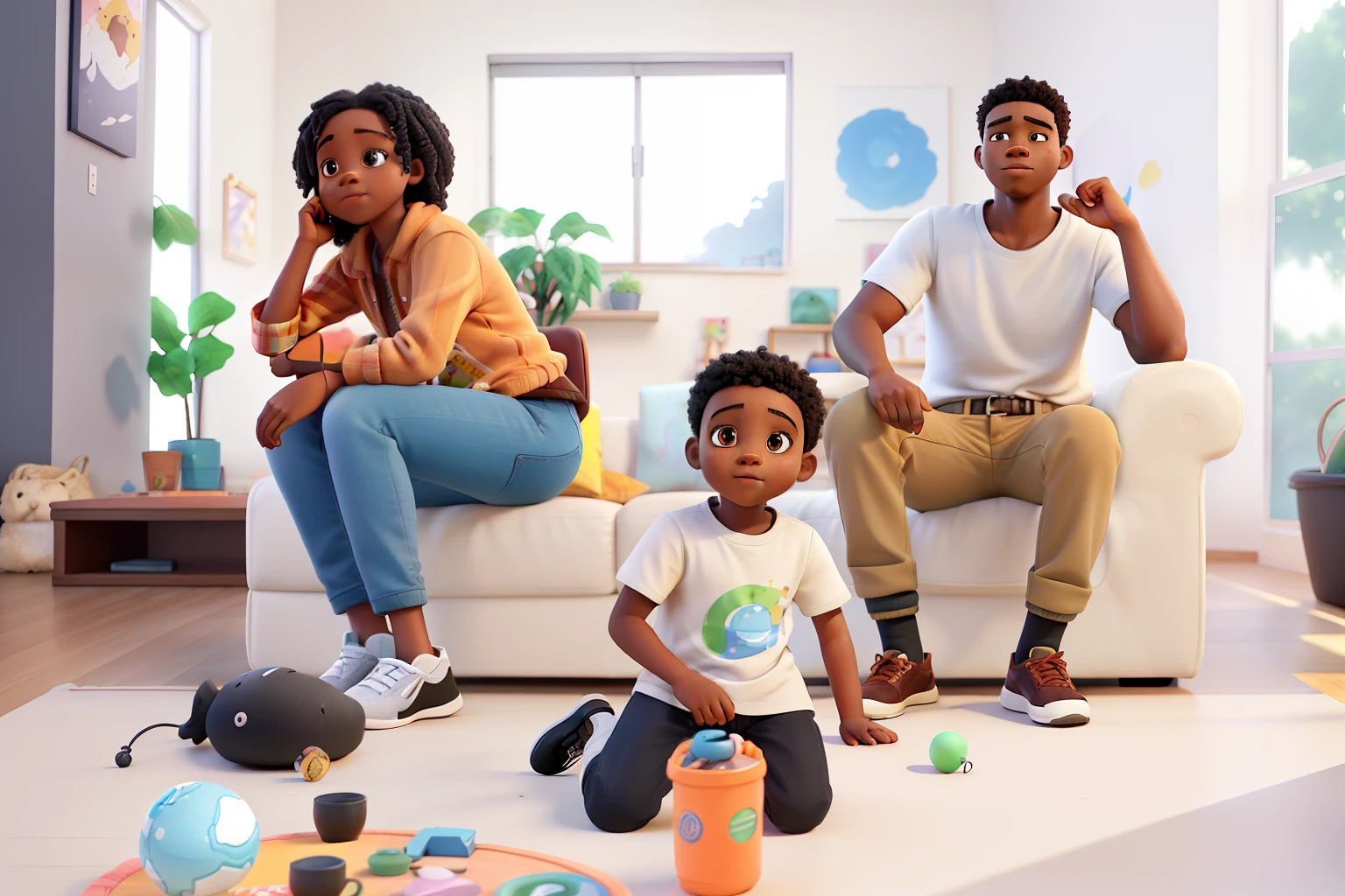 A black kneeling and playing on the floor, and a black couple sitting on the sofa back to back.
(best quality,4k,8k,highres,masterpiece:1.2),ultra-detailed,(realistic,photorealistic,photo-realistic:1.37),vivid colors,studio lighting
Keywords:
- Black child
- Kneeling
- Playing on the floor
- Black couple
- Sitting
- Sofa
- Back to back
Art style: Realistic
Color tone: Warm and natural
Lighting: Soft and warm lighting, casting gentle shadows
Additional details: The childolding a colorful toy, the couple is wearing casual clothing, the room is decorated with plants and artwork on the walls.