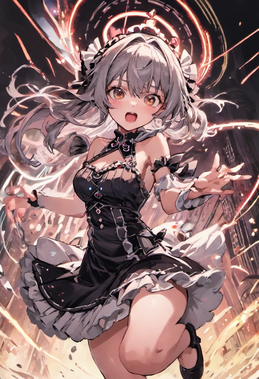 1 younger cute girl, extremely delicate and beautiful girl, gothic, movie poster, ligne claire, Close-up of girl, View from below, depthoffield, hidden hand, shiny skin, neat figure, 1 girl, teenage girl, long gray hair, extremely beautiful detailed anime face and eyes, blush stickers, Beautiful detailed gemological eyes, small breast, bright skin, black Headdress, maid dress, white skirt, The skirt sways with the wind, Bare shoulder, Magic circle, dreamcore, fluttered detailed splashs, electric current, mecha coverage, best masterpiece, extremely detailed, wallpaper,maid,anime,1 girl