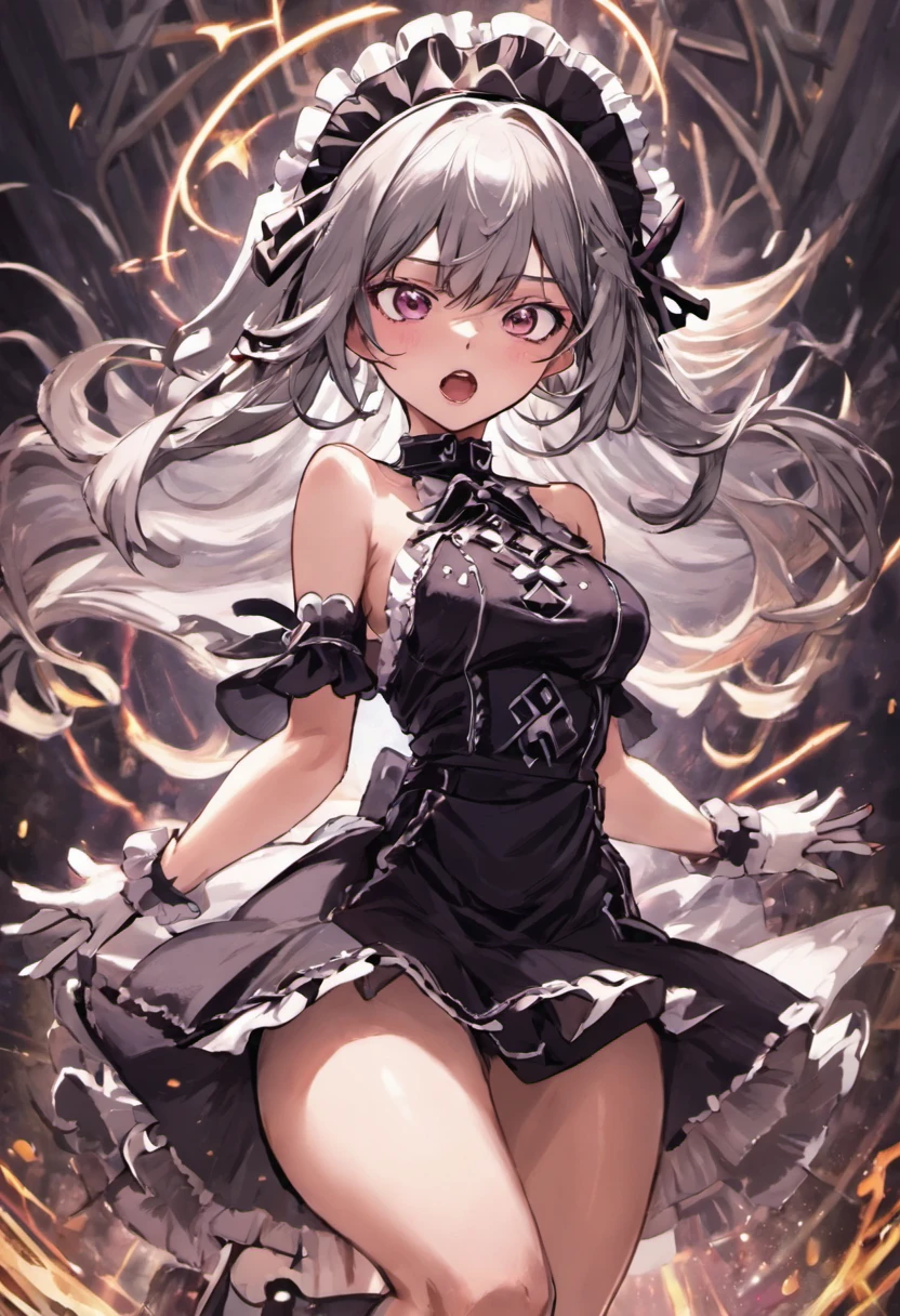 unger cute girl, extremely delicate and beautiful girl, gothic, movie poster, ligne claire, Close-up of girl, View from below, depthoffield, hidden hand, shiny skin, neat figure, 1 girl, teengirl, long gray hair, extremely beautiful detailed anime face and eyes, blush stickers, Beautiful detailed gemological eyes, small breast, bright skin, black Headdress, maid dress, white skirt, The skirt sways with the wind, Bare shoulder, Magic circle, dreamcore, fluttered detailed splashs, electric current, mecha coverage, best masterpiece, extremely detailed, wallpaper,maid,anime,1 girl
