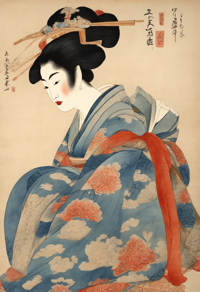 Best Quality, style of hokusai, ukiyoe painting, Oiran Woman,Loose costumes