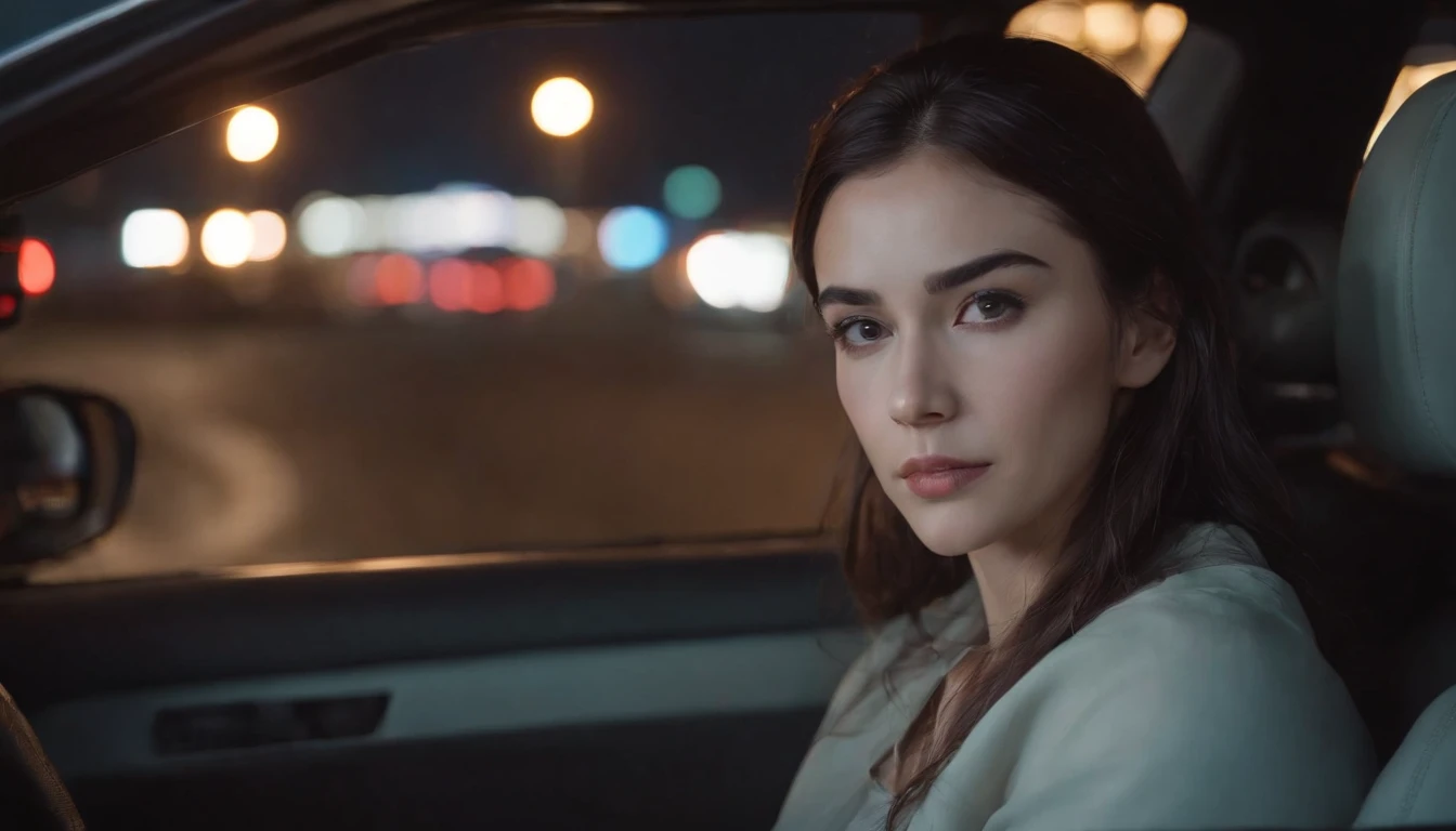 Sad beautiful young woman in a car at night, Nissan skyline, twilight sky, night lights, cyberpunk city lights, night sky, sunset sky, night drive, ultra detailed, photorealistic, cinematic, masterpiece.