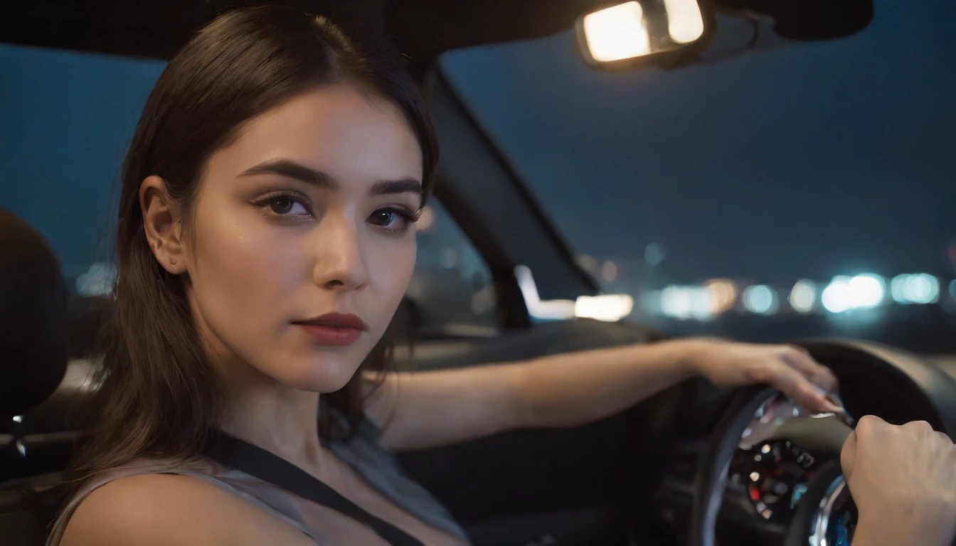 Sad beautiful young woman in a car at night, Nissan skyline, twilight sky, night lights, cyberpunk city lights, night sky, sunset sky, night drive, ultra detailed, photorealistic, cinematic, masterpiece.