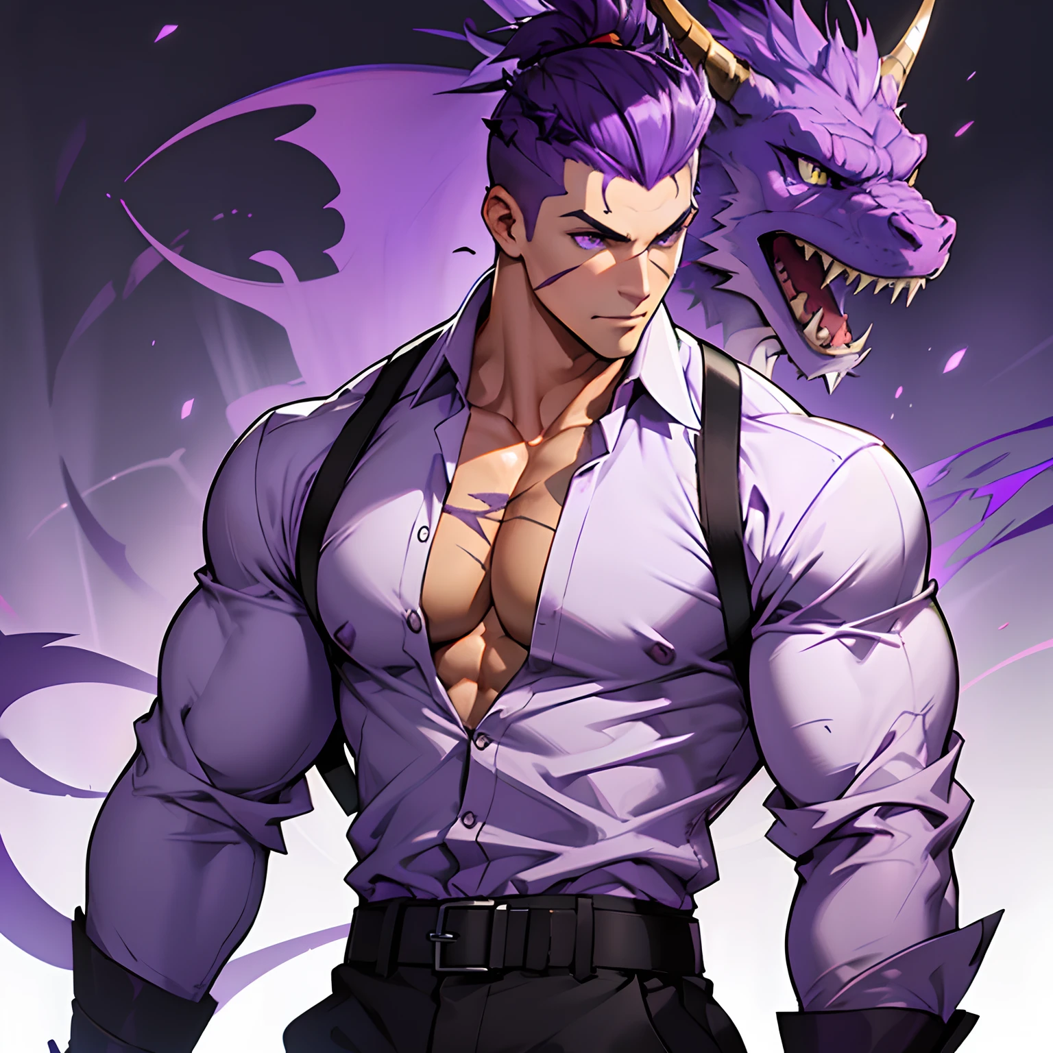 Standing, cheerful, tight fitting clothes, Bara, Sharp jawline, male, shaved sides, purple hair, purple eyes, scars, scar on his right cheek, open shirt, silhouette of a purple dragon in the background