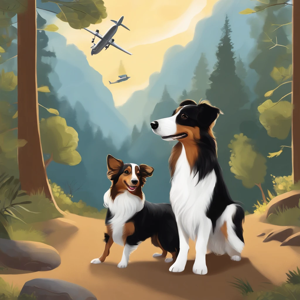 A black and white Miniature Sheltie and a black and yellow Dachshund are best friends and playing in the woods of the Sedona, arizona mountains with a blue and white airplane flying above them covering up the sun, whimsical, silly, Digital painting, illustration cartoon style, artstation, Highly detailed, fun, Sunny lighting, close up