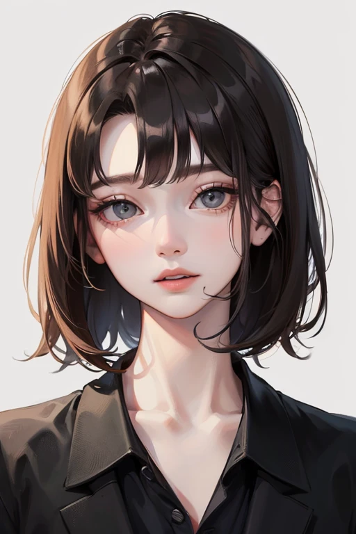 (Top resolution、Distinct_image)top-quality、femele、masterpiece、ighly detailed、Semi-realistic、Black short hair、Dark hair、grey eyes、bangss、21years old、Mature、年轻、Exquisite facial features、Facial features,Plain T-shirt