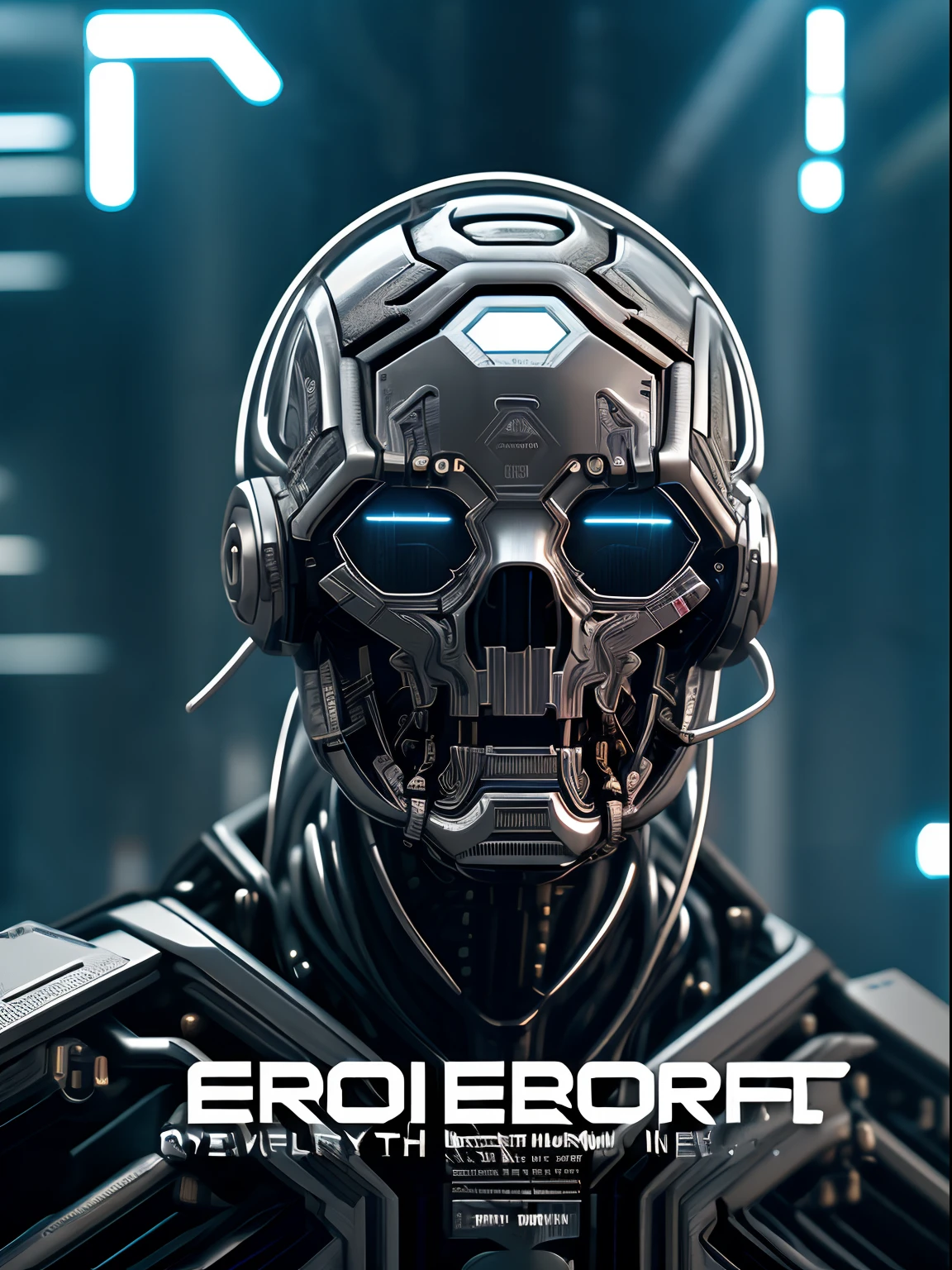 Cybernetic Revolutionaries, european male, magazine cover, poster art , Lovecraftian horror robot, bold huge text, matted design layout, strong, bold inking techniques, Metallic Silver and Gunmetal Gray: These colors are often used to represent the metallic components of cyborgs, giving them a sleek and futuristic appearance.