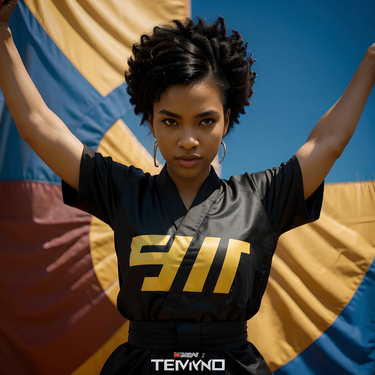 A Disney Pixar- Inspired movie poster with title "(TAEKWONDO)"."(um lutador de taekwondo negro com um cabelo black power usando um kimono e uma faixa preta da cintura e no fundo a bandeira do estado bahia , He's kicking high)"The scene should be in the distinct digital art style of pixar, with a focus on character expressions, vibrant colors, and detailed textures that are