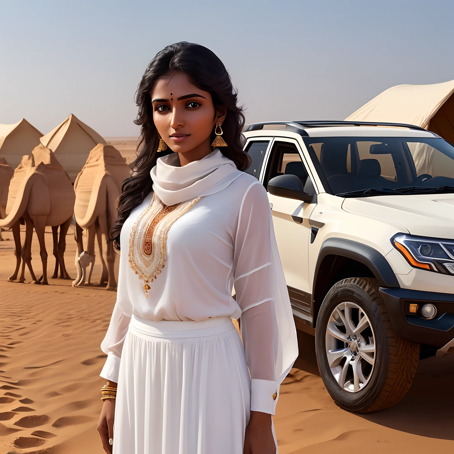 Imagine a 25 year old beautiful gorgeous Tamil girl, standing near a XUV in the desert, wearing a white shirt white long skirt white sports shoes scarf, evening sun faraway camels faraway huts in the background, (meticulously detailed:1.6 faces eyes ears lips nose body parts), (hyper maximalized:1.6 background objects)