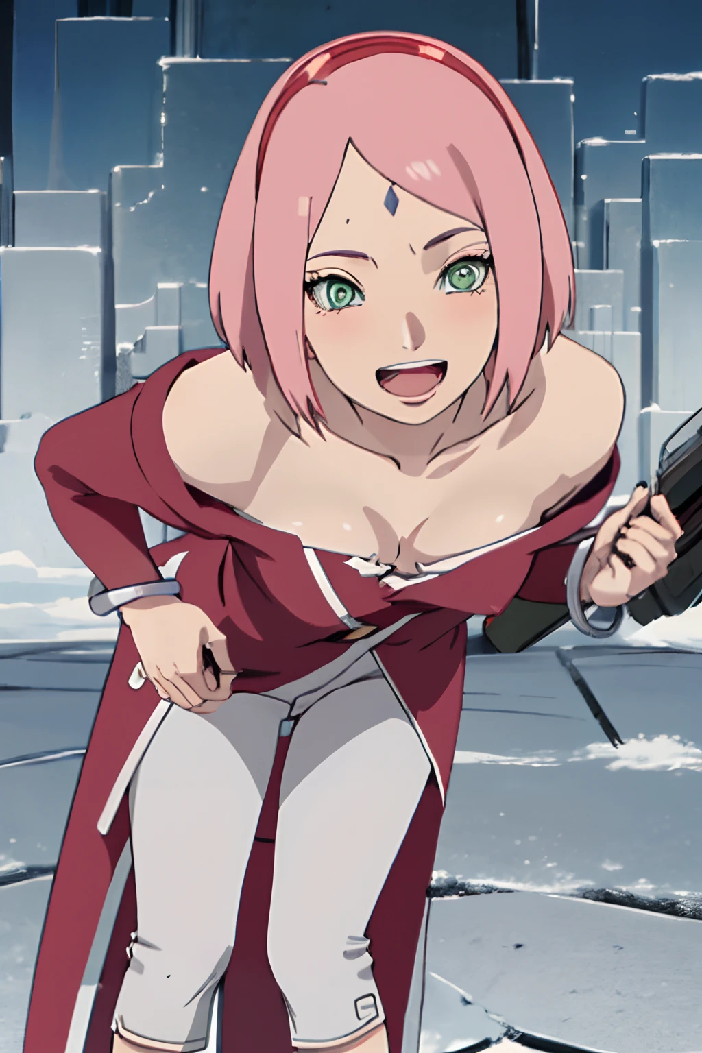 anime screencap, pink hair, short hair, green eyes,skinny, absurdres , 1girl,haruno sakura, red sleeveless dress, white pants, bracelets, forehead mark, red hairband, uchiha crest, small breasts, solo, cleavage, open mouth, looking at viewer, smile, leaning forward, downblouse, blush, collarbone, low-tied, short hair, small breasts, obi, off shoulder, small breasts, :d, bent over