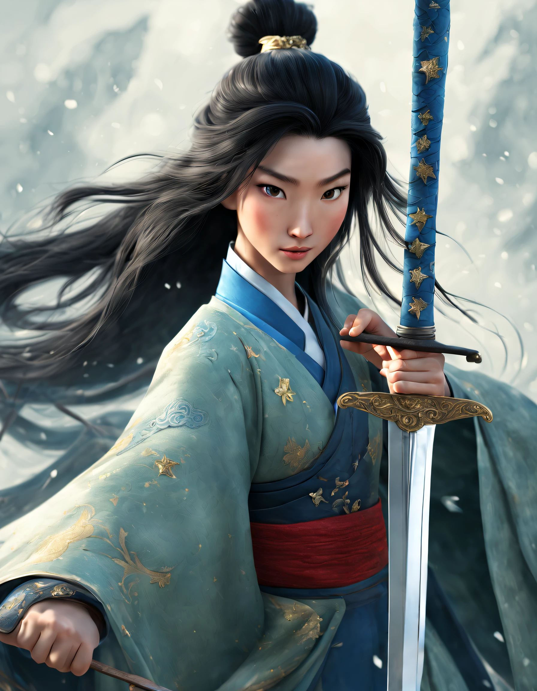 3D rendering of (Close-up of Mulan and the sword), （Very long sword），（Wielding a sword），（sword：1.2），（A sword that glows with cold light），（A sword with a dragon pattern），The surface of the sword is as smooth as a mirror，Cold light flashes，The hilt of the sword is inlaid with precious jade and wood，Underneath the hilt of the sword is a delicate pendant full of mystery
The upper body wears dark blue armor made of fish scales and iron， The armor was also inlaid with golden stars，floral embroidery，Cloak decorated in black and gold， Very long hair, Ebony hair, Big black eyes, Long eyelashes, Sexy red lips, Resolute expression, disney movie《Mulan》, Martial arts, Kungfu, Chinese exquisite clothing, ，Cut through the clouds, As estrelas，Embroidery background: It was snowing heavily，It was snowing heavily，It was snowing heavily，It was snowing heavily, Dusty,,{{Masterpiece}}, {{{Best quality}}},{{Ultra-detailed}}, {{illustration}},{{Disheveled hair}},{{Masterpiece}},{{{Best quality}}},{{Ultra-detailed}}, {{{illustration}}},{{Disheveled hair}},Clear facial features,close up photograph,,Alphonse Mucha,Pixar style,Cartoon style,beatrix potter ,Refined atmosphere,Intense atmosphere, microscopic view,Close-up(CU),Extreme