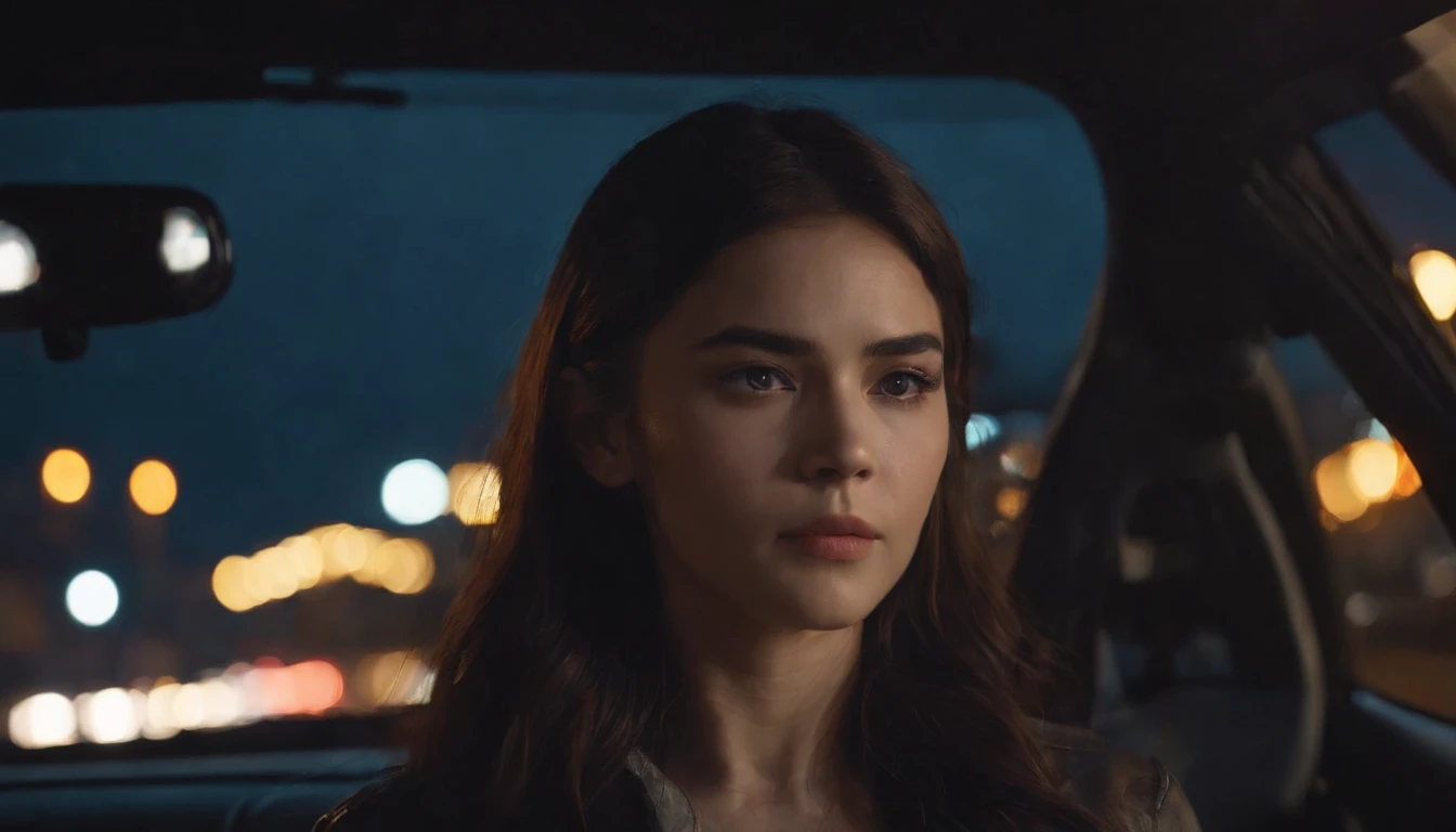 Sad beautiful young woman in a car at night, Nissan skyline, twilight sky, night lights, cyberpunk city lights, night sky, night drive, ultra detailed, photorealistic, cinematic, masterpiece.