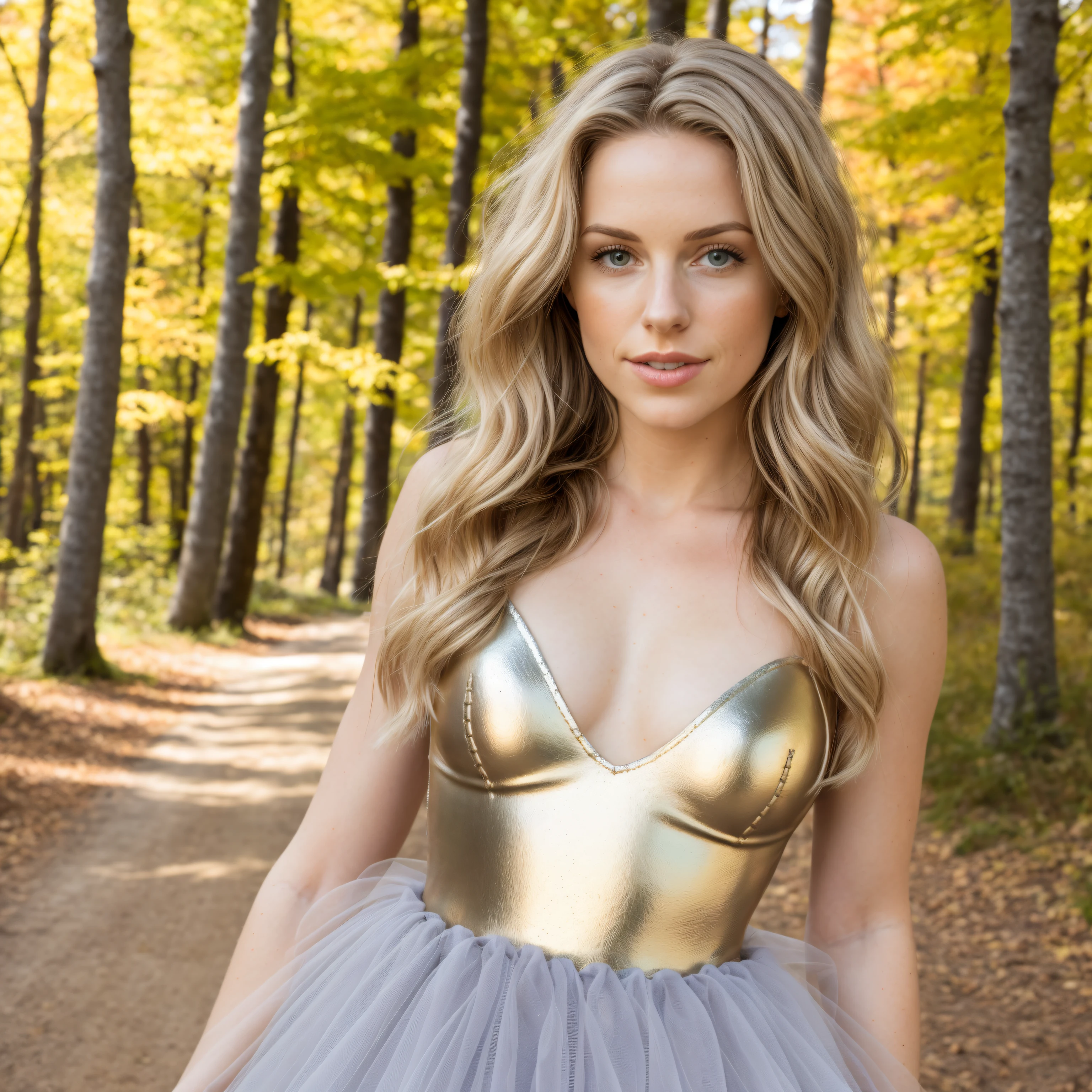 (editorial photo of 30 yo woman, dirty blond hair, slim American sweetheart), (freckles:0.3), (lips parted), realistic grey eyes, POV, realistic, ((full body shot)), background autumn forest path, (film grain, 25mm, f/1.2, dof, bokeh, beautiful symmetrical face, perfect sparkling eyes, well defined pupils, high contrast eyes, ultra detailed skin, skin pores, vellus hair, fabric stitching, fabric texture, wood grain, stone texture, finely detailed features:1):0.9, wearing ((metallic tutu)), posing