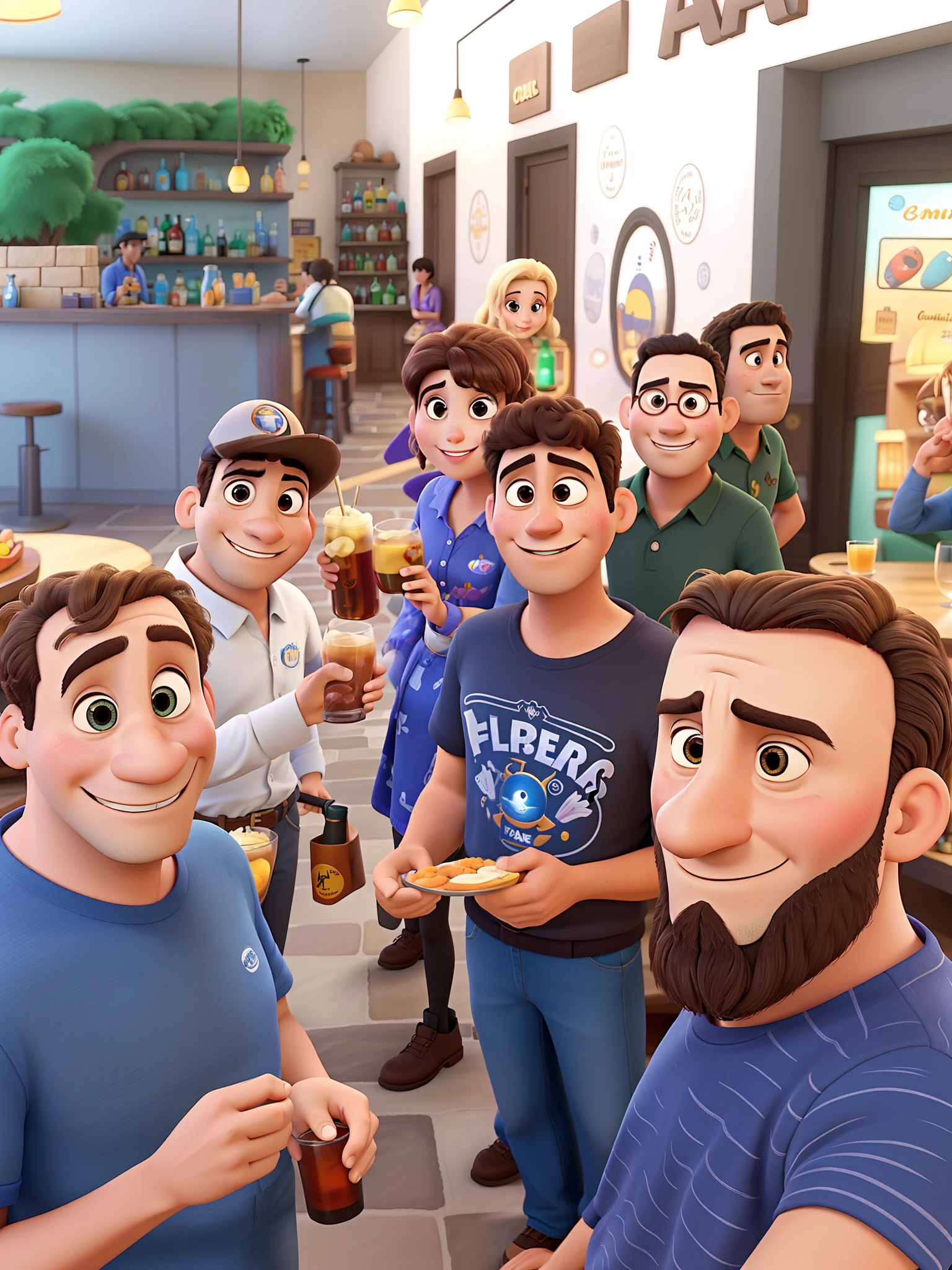 Grupo de amigos num bar estilo pixar, alta qualidade, melhor qualidade