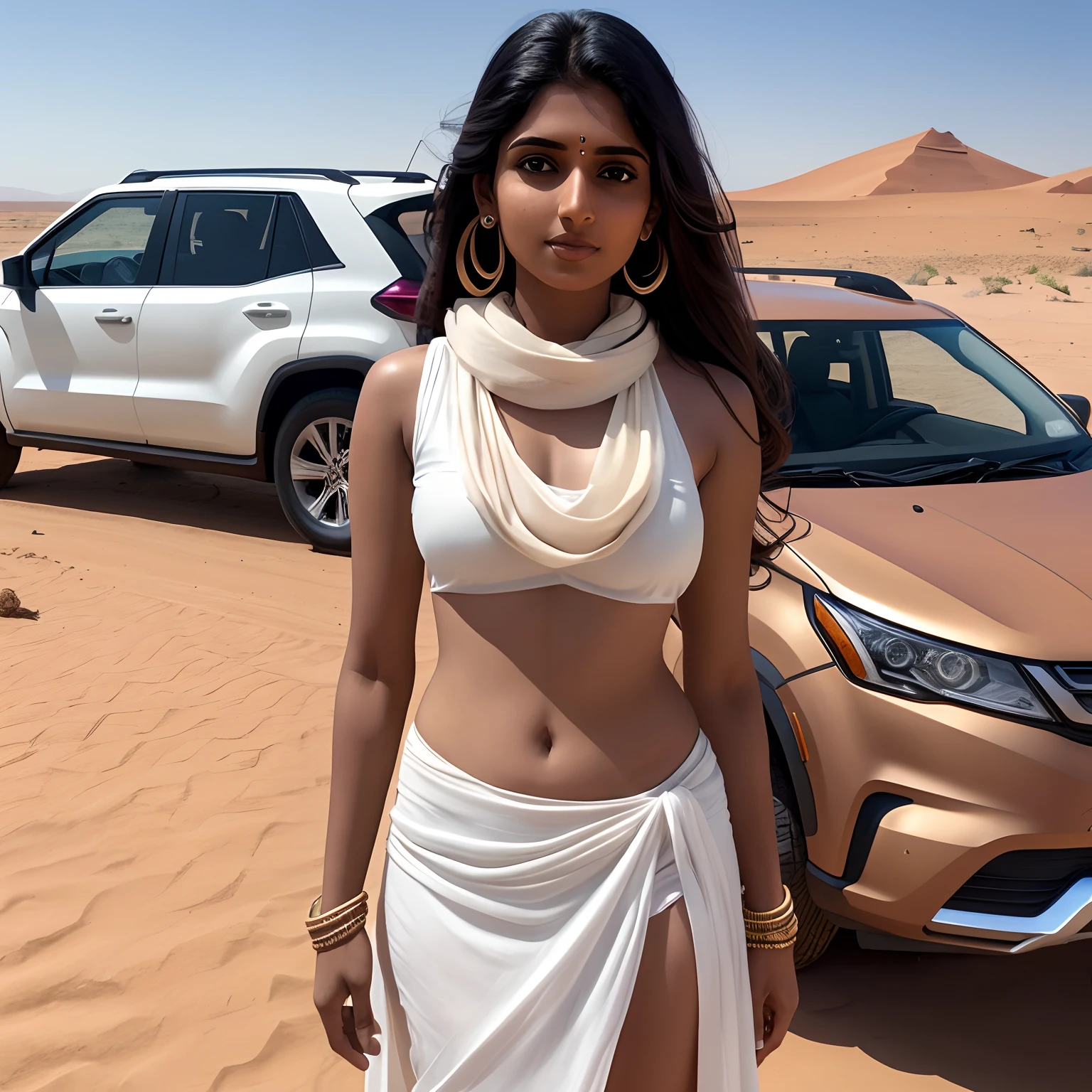 Imagine a 25 year old beautiful revealing brown Tamil girl, standing near a XUV in the desert, wearing a white sleeveless shirt white knee length skirt white sports shoes designer scarf, (meticulously detailed:1.6 faces eyes ears lips nose body parts), (hyper maximalized:1.6 background objects)