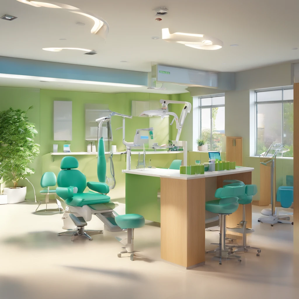 A bright and welcoming dental office, full of modern green dental chairs, the dentist with chewing gum and a dental brace in his hand and smiling patients, a boy receiving first-rate care from our qualified team.