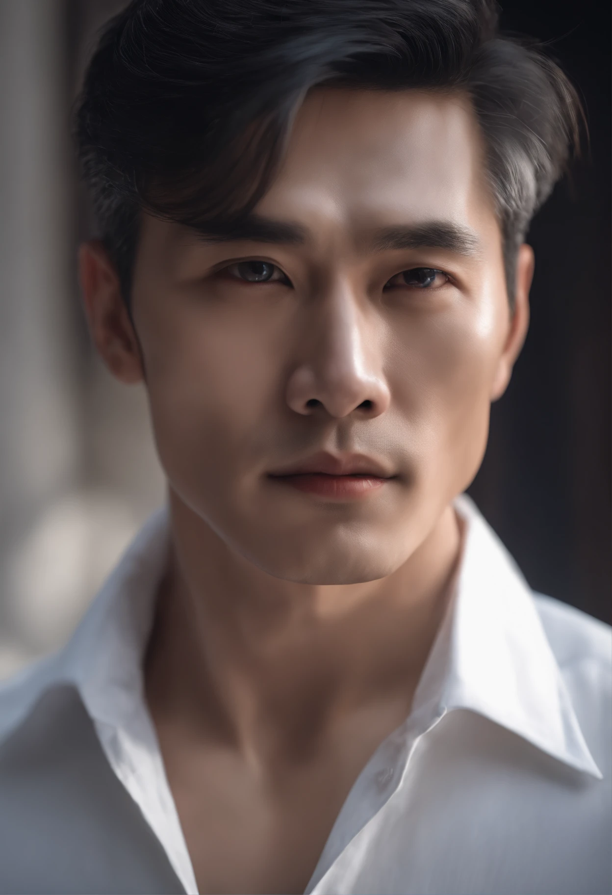 Chinese man in a white shirt, Best quality,4K,8K,Very attractive man with both hands,30 age old, Pores are clearly visible,tidy hair, adolable, Breathtaking, hentail realism, ultra-realistic image, Extreme oppression,facial closeups,Soft portrait shot 8 K, Very detailed portrait,Hyper-realistic style, , Ultra-realistic portraits,Gray hair,Elegant suit, with her mouth open,